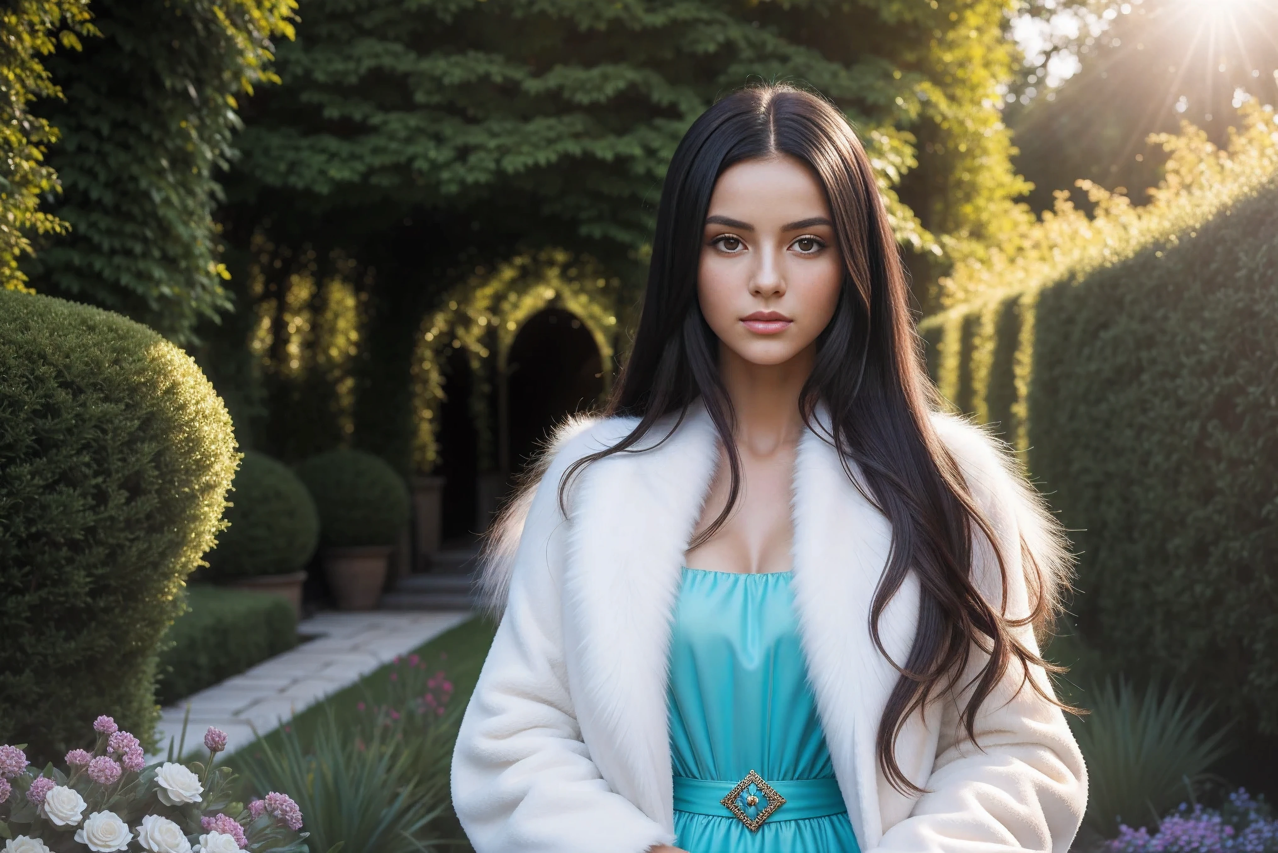 photorealistic young European girl in a white and orange fluffy fur coat and a turquoise blouse is visible under the fur coat, girl with long black hair , with professional makeup ,masterpiece girl , In a well-lit garden, the sun is shining, clear skin structure, high skin detail, ultra high quality
