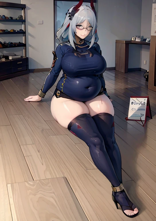 (masterpiece, best quality, highly detailed), 1girls, big belly, huge belly, art by kipteitei, round belly, chubby, curvy, belly grab, enormous belly, fat belly, thicc, bigger belly, really big belly, jiggly belly, glasses, gym clothes, sitting, thighhighs, high heels, smug face, ((full body)), (dominant)