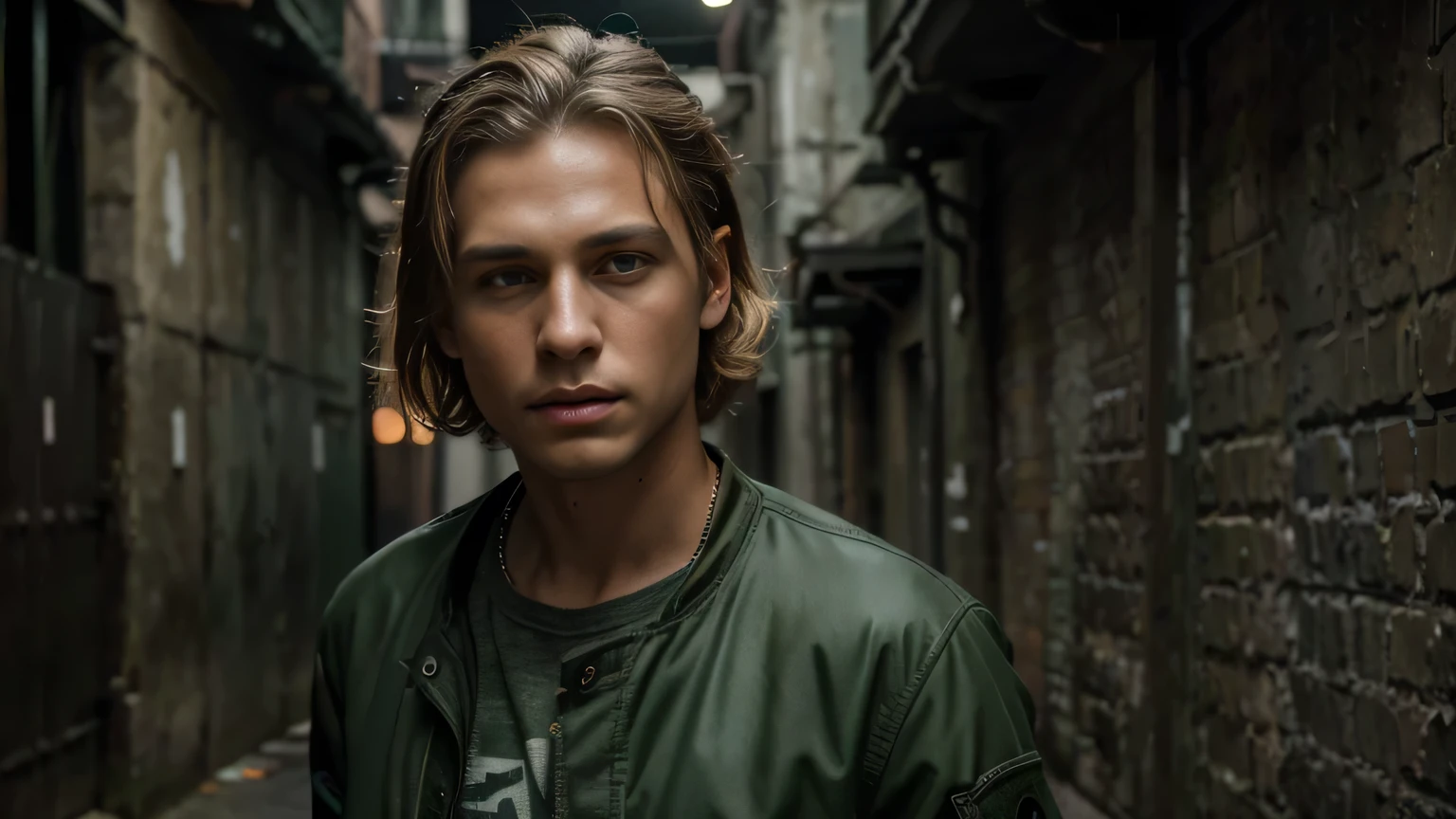 (best quality,4k,8k,highres,masterpiece:1.2),ultra-detailed,(realistic,photorealistic,photo-realistic:1.37)male, army green baseball jacket,street ???,stylish blond hair,green eyes,detailed face expression in a dark alley,rainy atmosphere, dim lighting