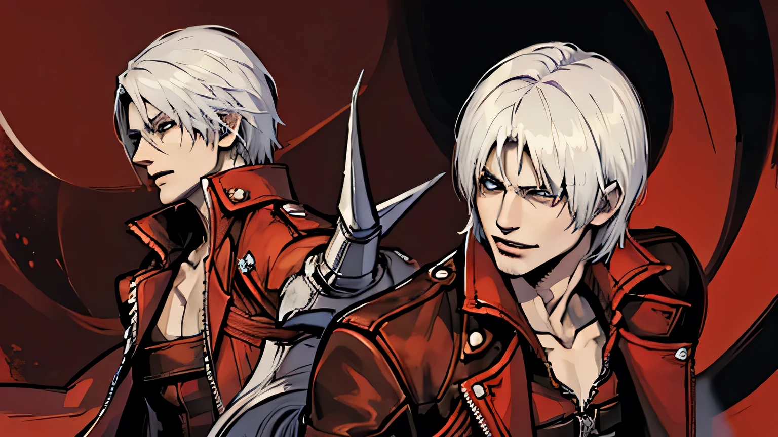 (masterpiece, best quality, 1 man), (Dante), japanese style background, black paint background, red splash background, fighting pose, (Dante),(Devil May Cry 3: Dante's Awakening), Dante, (Dante) ,short hair ,white hair ,open clothes ,coat ,fingerless gloves , belt, half body illustration, fight doppelganger, (insanely detailed, beautiful detailed face, masterpiece, best quality)