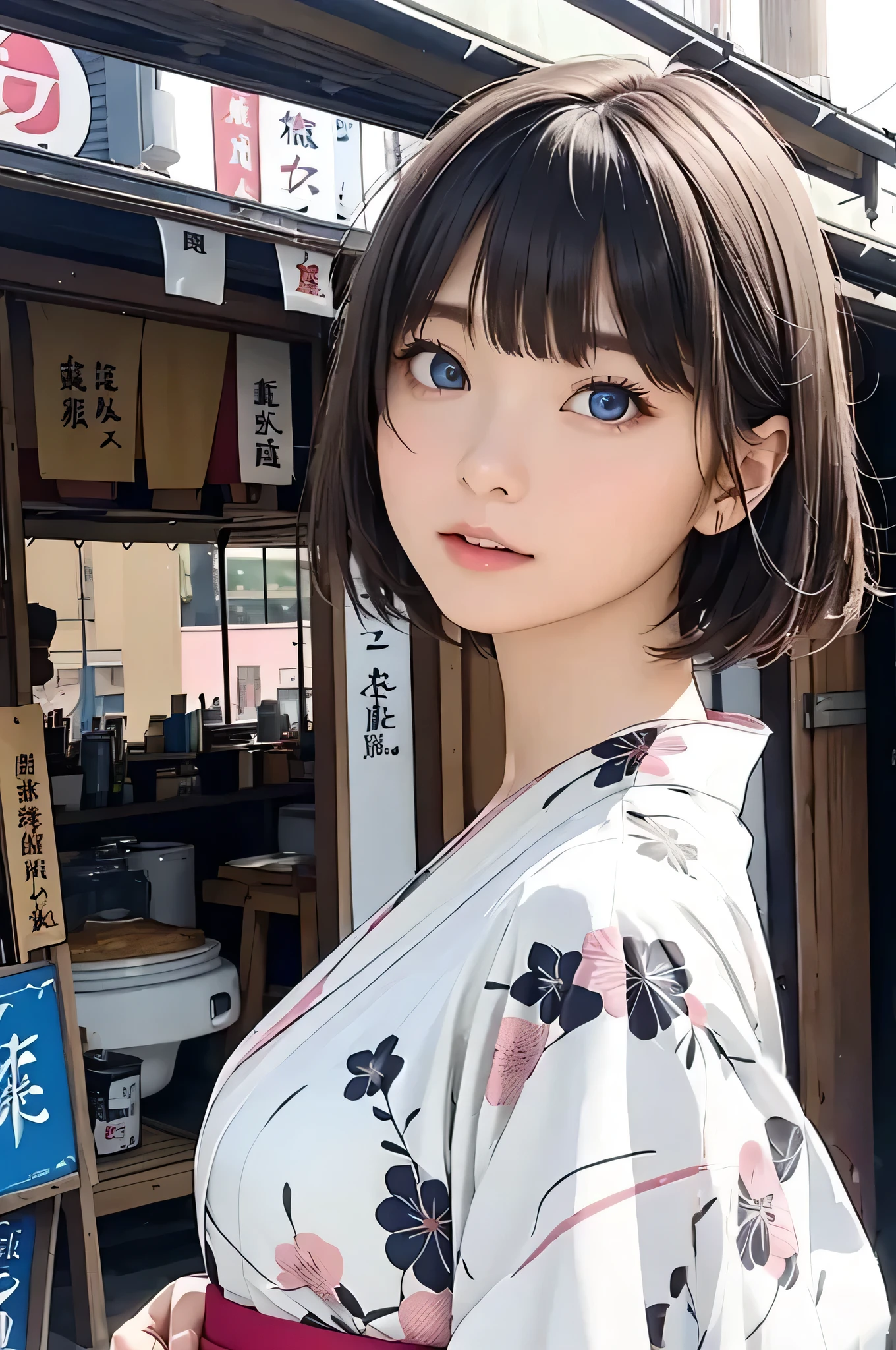 masterpiece、Highest quality、Ultra-fine、32K、Look at the viewer、Look straight ahead、White and pink striped yukata、Fine striped yukata、kimono、Outward facing short hair、Light Brown Hair、46-point diagonal bangs、最high quality、(Real:1.4)、Ultra-high resolution、 (Narrow and beautiful eyes:1.6)、Symmetrical、Highly detailed face、Perfect lighting、(Perfect Anatomy)、(White background:1)、Hot Genic、Best image quality、Characteristics of short hair、high quality、Visual Arts、