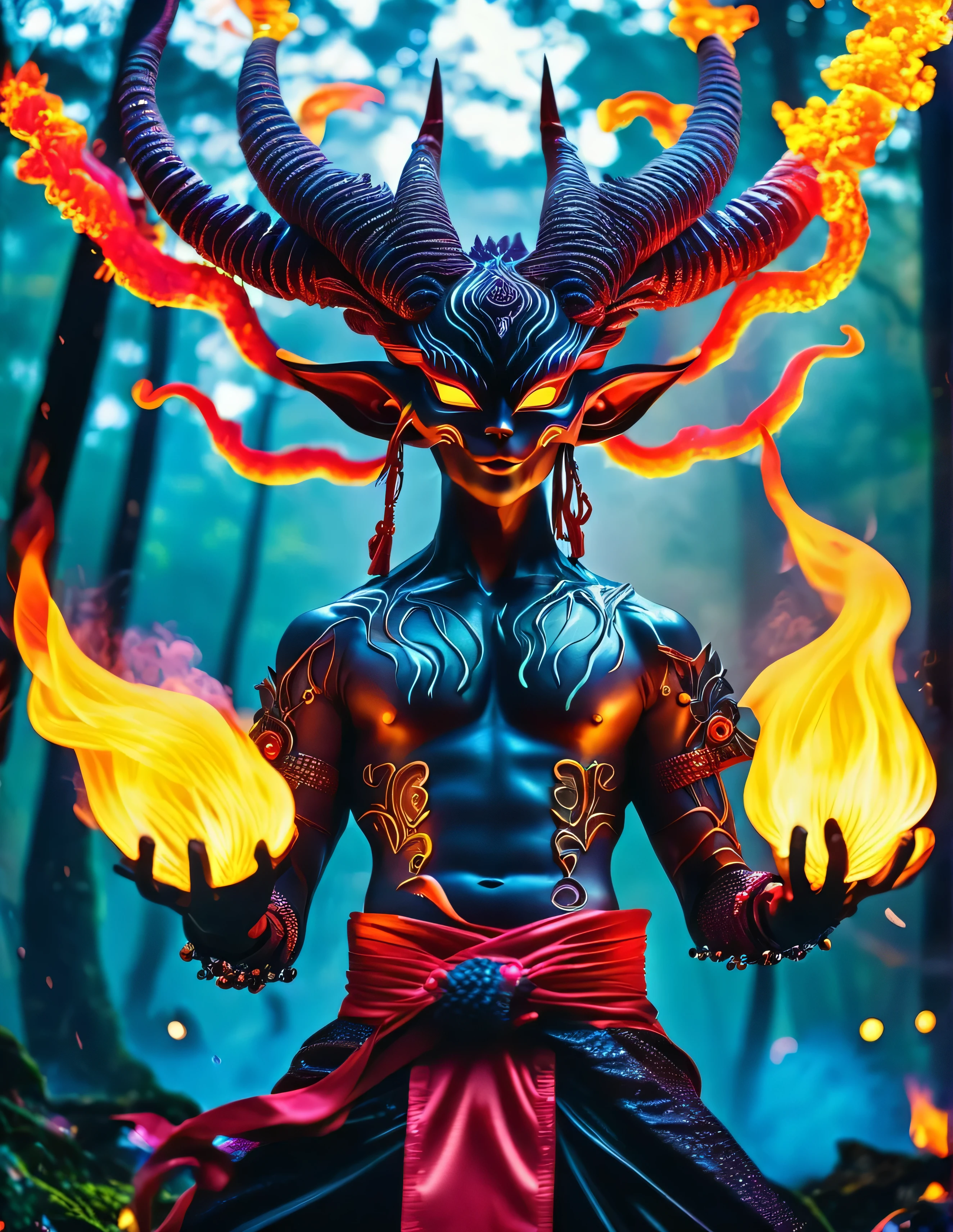 fullbody young male kpop idol handsom kyubi alien evil, bodypiece cosmic kurama flames smoke center, gojo sitoru outfit, huge flames headpiece, crazy upside down grade regal enchantree's DMT grimes pose, at diablo forest, after rain, night, bokeh, hold a floathing flames.