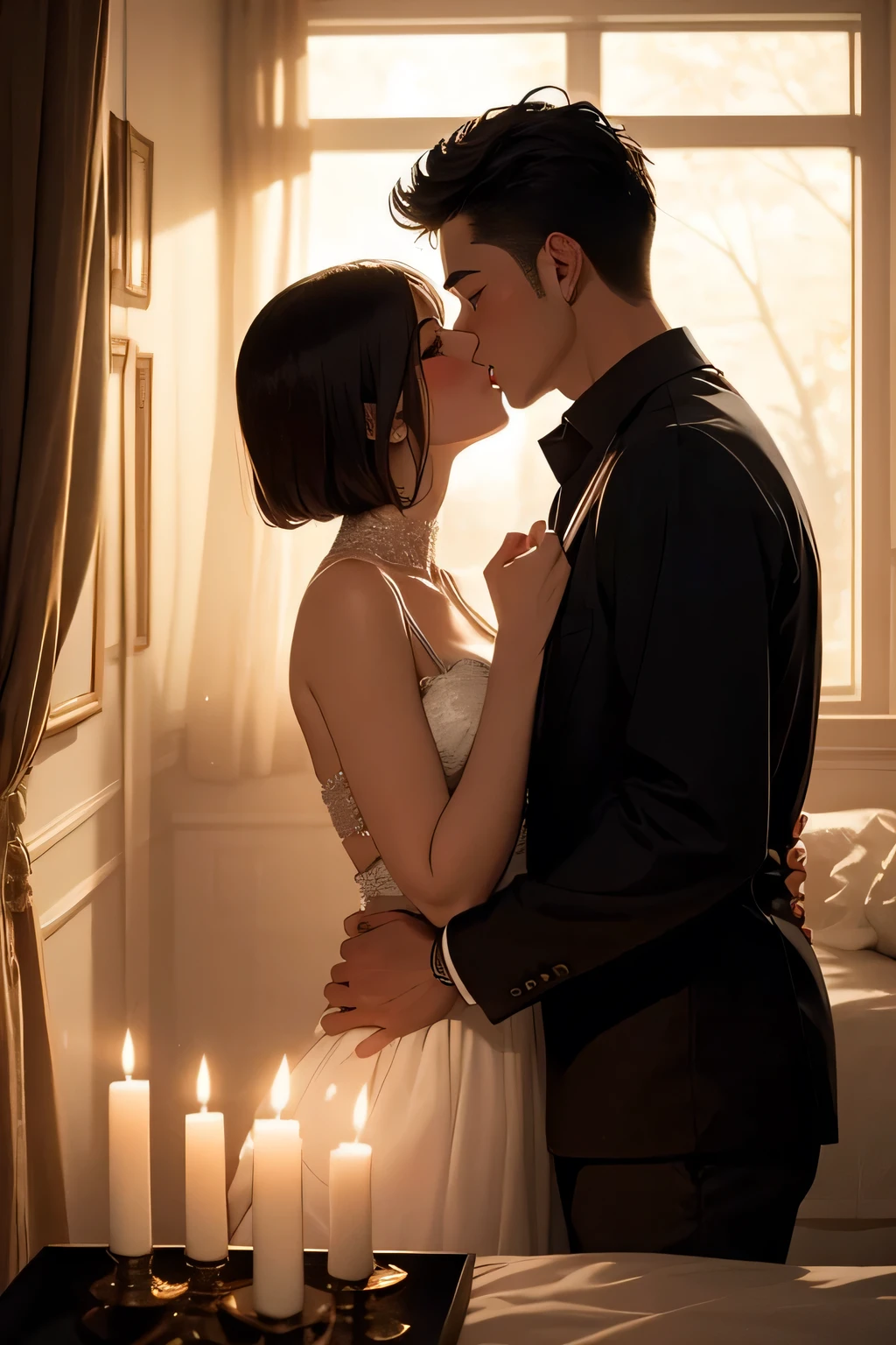 Amazing portrait of a boy and a woman who is a beautiful woman kissing each other with passion in a bedroom which is a bright room with candles lit during night time,