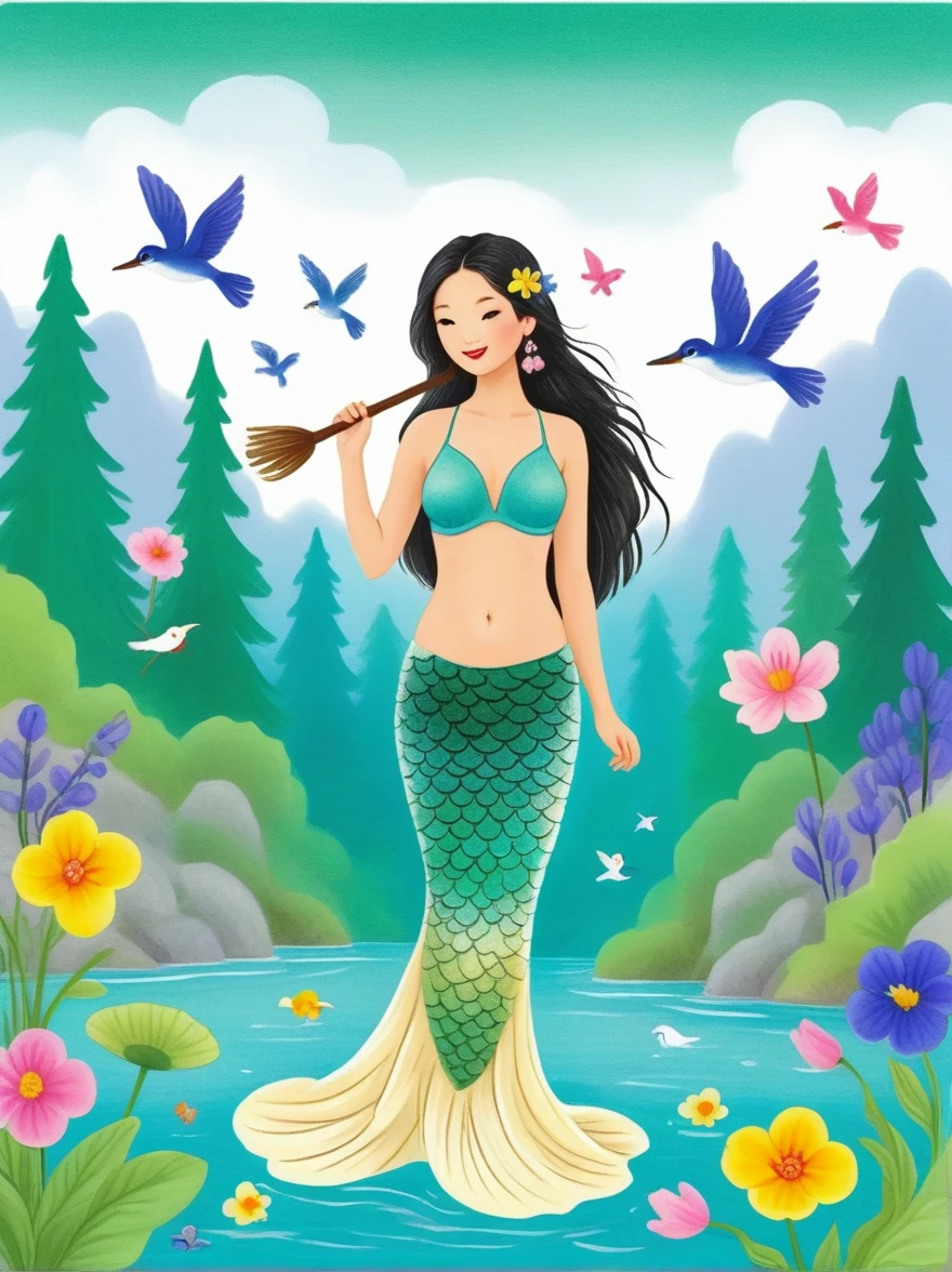 Create an image of an Asian mermaid with long hair in a forest setting, surrounded by birds, wildflowers, and irises. The artwork should transition from a pencil drawing style in black and white on the left half to vibrant colors on the right half. Ensure a seamless integration between the two halves without any dividing line. The scene is identical on both sides, with the left side featuring detailed black and white pencil strokes and the right side filled with colors, creating a harmonious blend across the image.