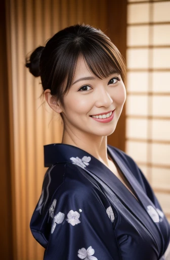 Masseter Film, highest quality, masterpiece, High resolution, realism, Original photo, 8k wallpaper, perfection, Professional Lighting, Very detailed, Written boundary depth, ((Beautiful woman in a sexy yukata)), ((Sexy 42 year old woman)),, ((smile)), Detailed face, Beautiful Eyes,, bangs, She has big breasts and a nice figure, (sexy look), Hair Bun, (Thick lips), Long legs,I can see your big breasts,View from the front,tits