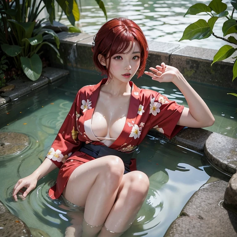 japanese girl, short red hair, wearing floral kimono, realistic, showing cleavage, laying in water, wet look, full body