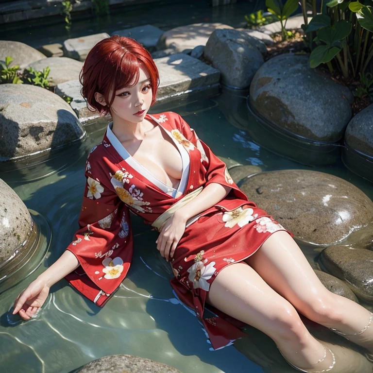 japanese girl, short red hair, wearing floral kimono, realistic, showing cleavage, laying in water, wet look, full body