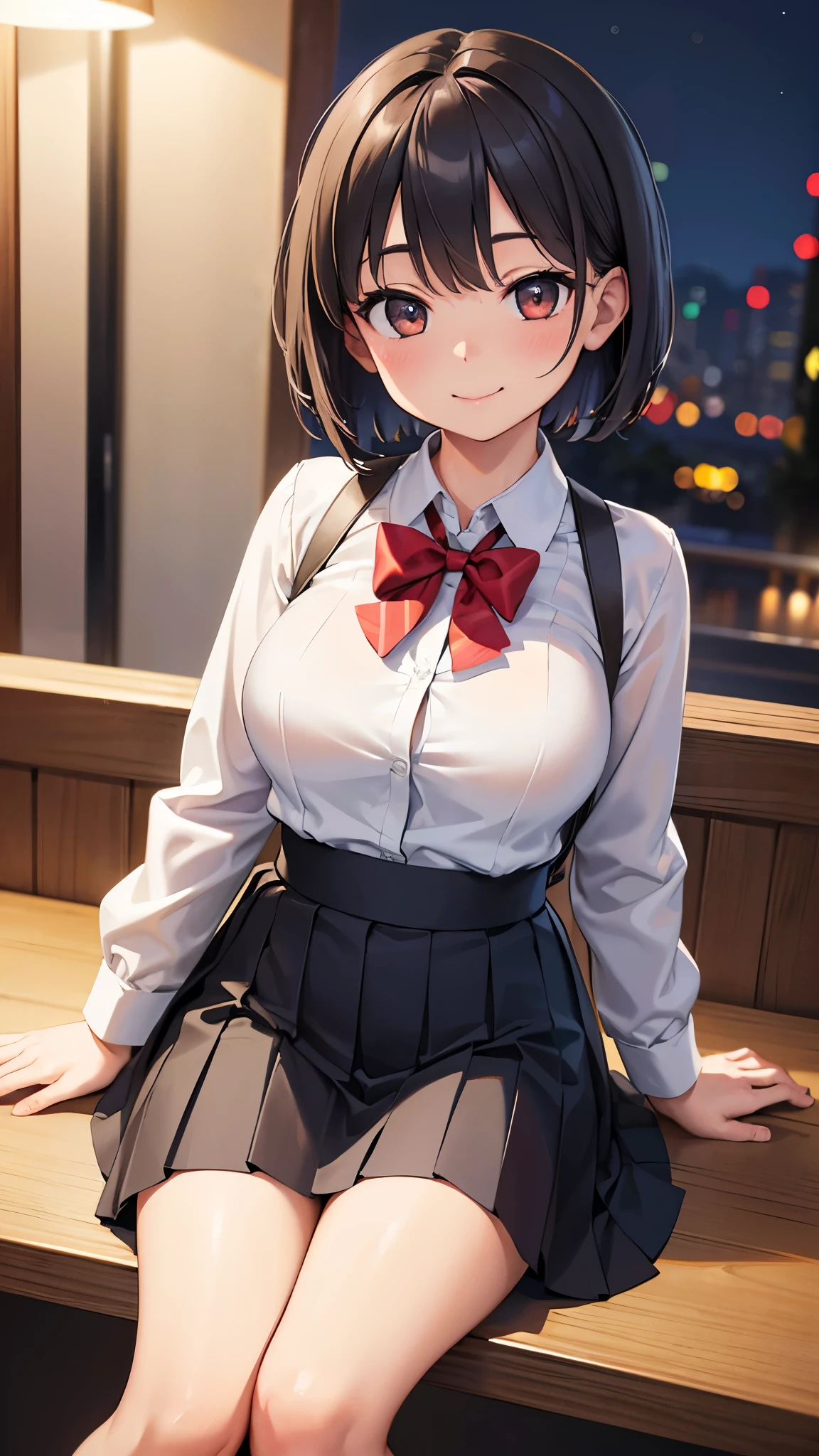 (8k, RAW Photos, highest quality, masterpiece:1.2), (Realistic, photo-Realistic:1.37), Very detailed,
1 girl,cute, alone,Beautifully detailed skies,Detailed Cafe,night,Sitting,Date,(Red nose),(smile:1.1),(Mouth closed),Large Breasts, seductive smile, Wide opening, Professional Lighting, Sony A7R4, Zesse 50mm F1.8,
Medium chest,Beautiful fine details,(Collared shirt:1.1), bow tie,Pleated skirt,(short hair:1.2),Floating Hair 