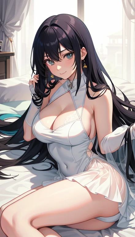 ,seductive Anime Girls, beautiful alluring Anime Women, Beautiful and attractive anime , beautiful Anime Women, attractive Anime Girls, beautiful Anime Girls, Smooth anime CG art, (Anime Girls), Long Hair, Anime Girls, Anime Women, Highly detailed art gems、After bath、Lying on your back、Lying down、Elevate your legs、White lace sleeveless、See-through white shorts、Perfect clothing for the skin、Thighs、Large Breasts、Ample breasts、Deep cleavage、just out of the bath、Embarrassed、smile、bed、Black Hair、はだけたThighs、2 people