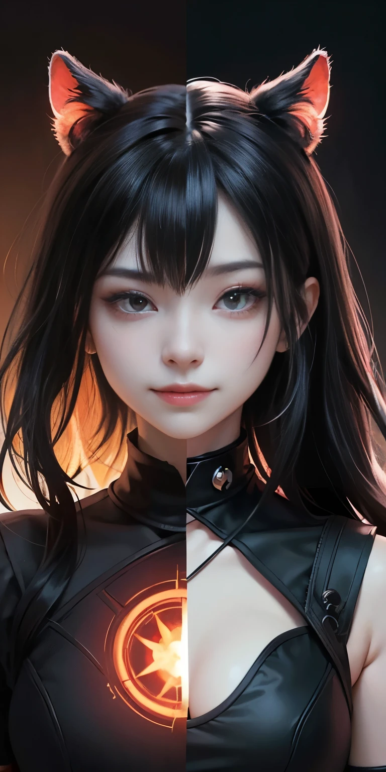 The complete version of human dualism, Half a good person、Half villain , Double-sided, Two Faces, Smile and anger, Light and dark sides, Pros and Cons, Black and White, Yellow and red, Good magic light, Good fantasy, Surrealism