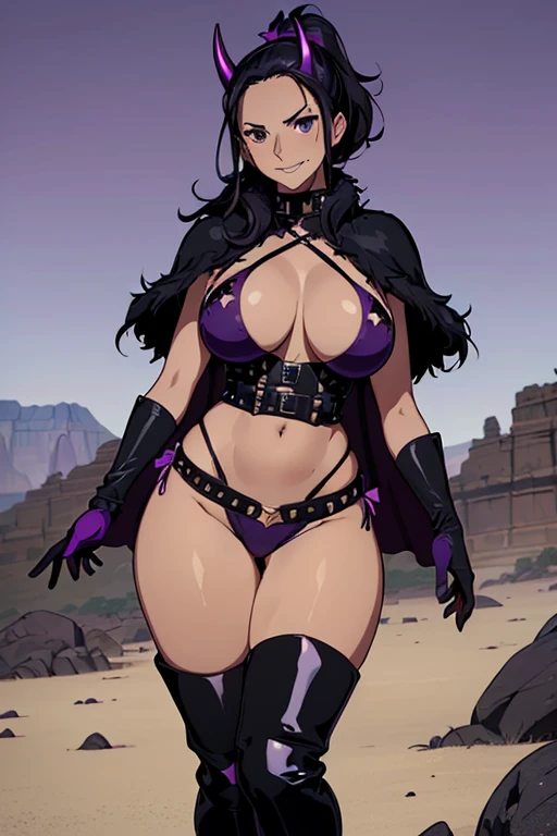 (masterpiece), best quality, expressive eyes, perfect face, Nico Robin at rocky desert, (rocky desert at night background), (standing), (smirk), (closeup view), (1girl, Nico Robin face, dark skin, tanned skin, tan, black hair, ponytail hairstyle, no bangs, brown eyes, hourglass figure, skinny body, large , huge breasts, wide hips, thick thighs, ((dark purple bikini), BREAK, (black studded hip belt), (knee pad boots), (black devil horns), (dark purple gloves), (furry cape), (sholder pads)),