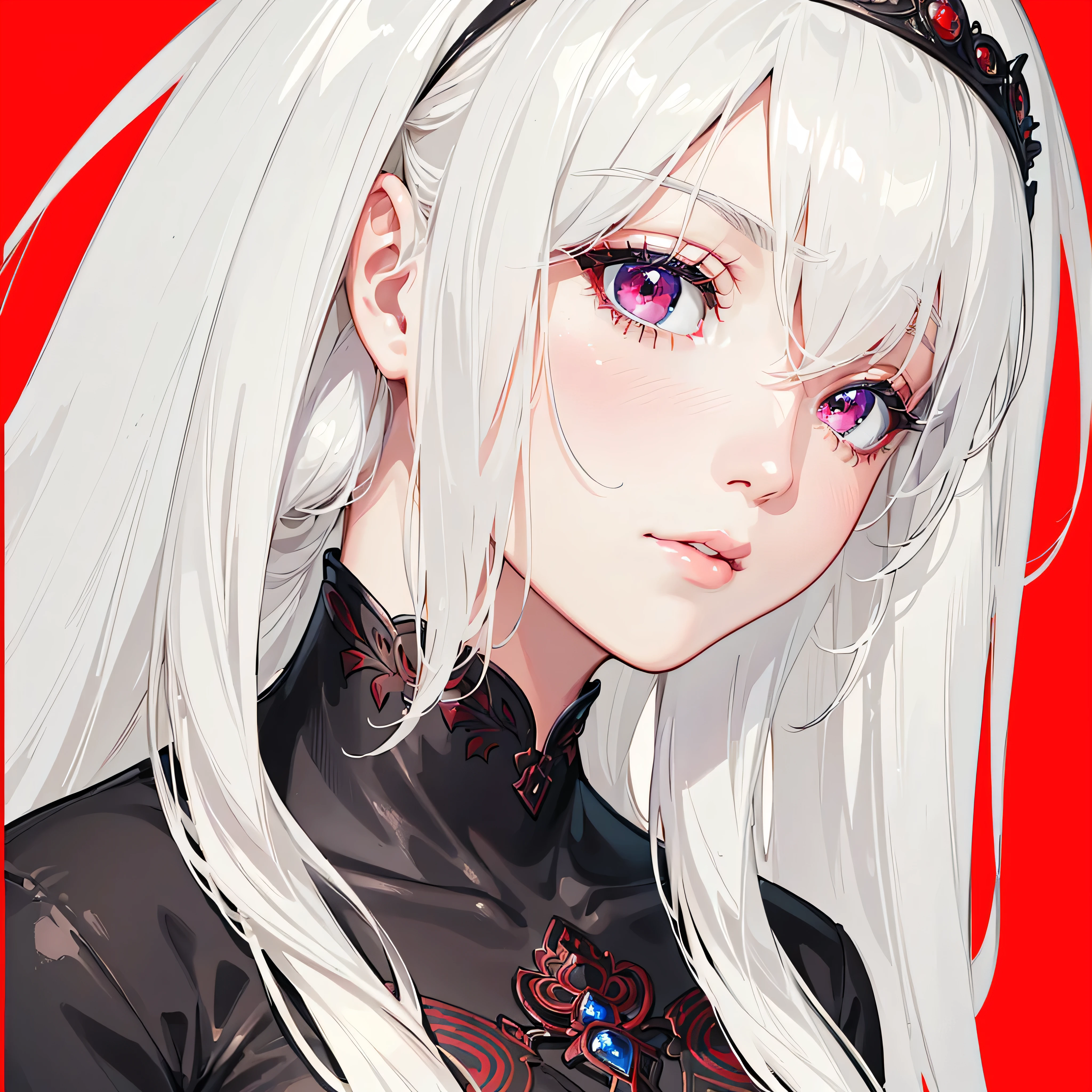 (best quality,4k,8k,highres,masterpiece:1.2), ultra-detailed, (realistic,photorealistic,photo-realistic:1.37), anime girl, white hair, red eyes, beautiful detailed eyes, natural lips, pink lips, extremely detailed eyes and face, pretty look, calm face, cool girl, black dress, crimson bow, crimson headband, silky smooth hair, fair complexion, soft and glowing skin, delicate features, serene expression, elegant posture, graceful movements, vibrant colors, intricate patterns, dynamic lighting, fantasy background