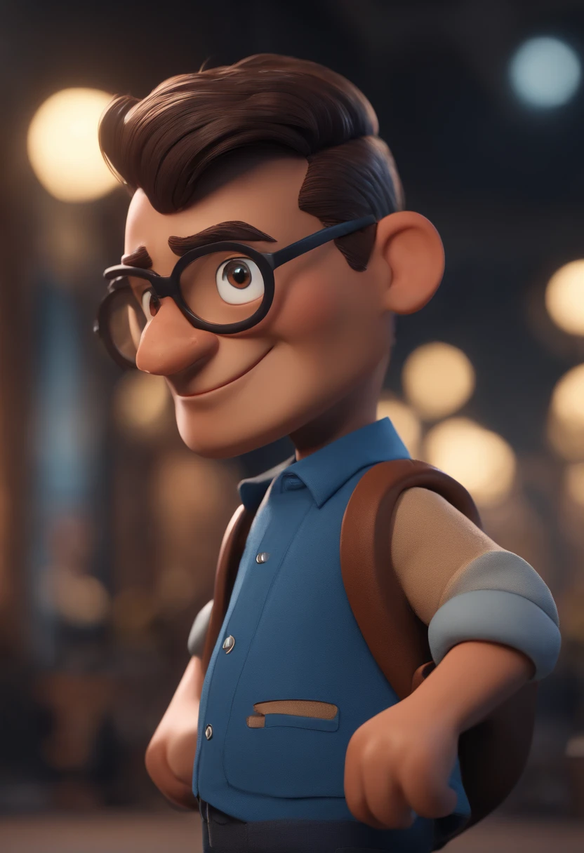 Cartoon character of a man with black glasses and a blue shirt, animation character, Caractere estilizado, animation style rendering, 3D estilizado, Arnold Maya render, 3 d render stylized, toon render keyshot, Personagem 3D, Personagem 3D, 3d rendering stylized, 3 d character render, personagem de desenho animado, Personagem de close up, Pose de personagem,  (Estilo Pixar) (master part:1.2) (Bokeh) (best quality) (pele detalhada) (textura detalhada) (8k) (argila) (Cinematic lighting) (sharp focus
