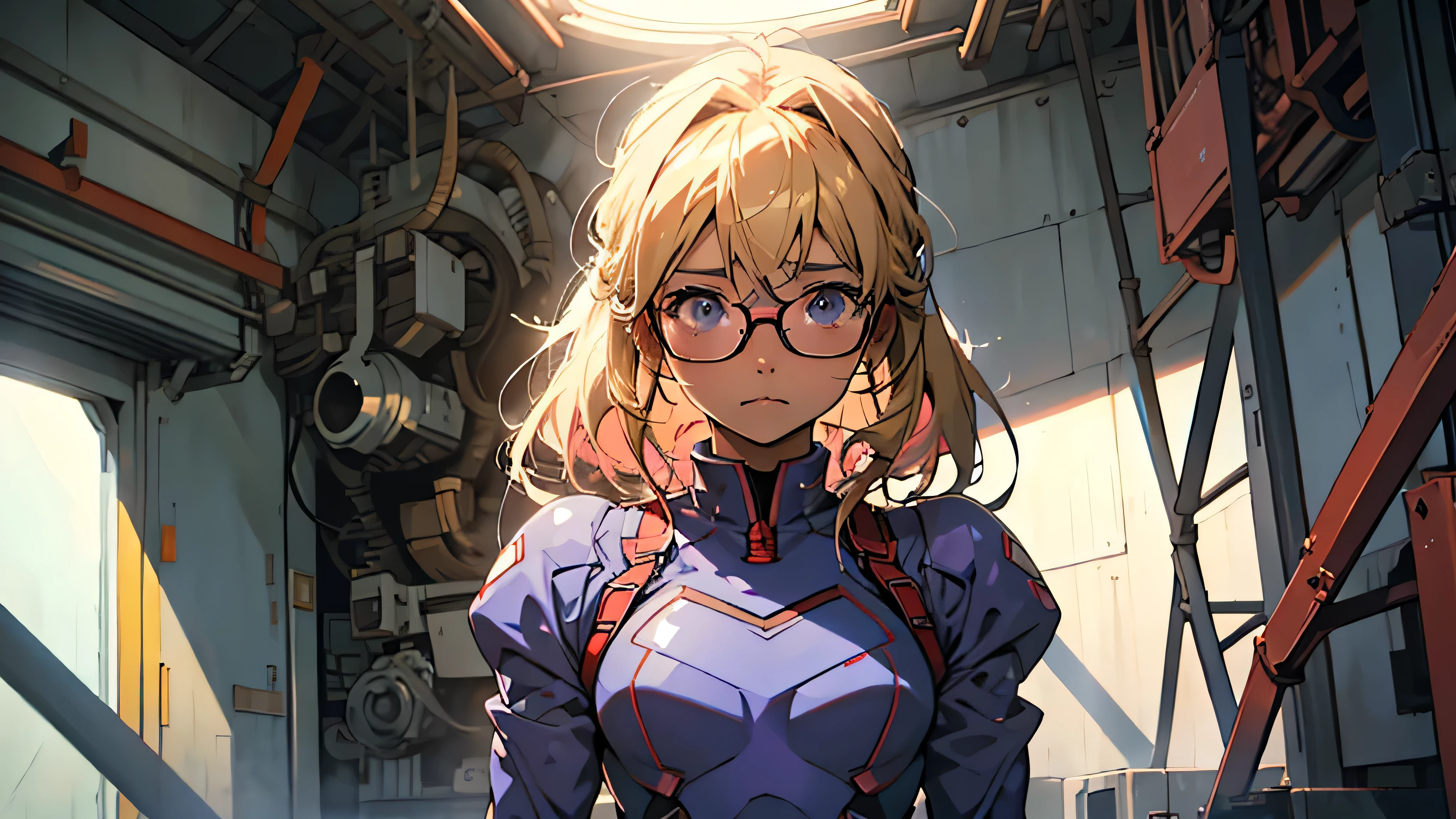 anime,An illustration,purple robot,Mobile Suit,Dom,Light blue check dress,Red glasses,Blonde,Light blue mesh hair,beautiful girl,Sora Sakurano,one person