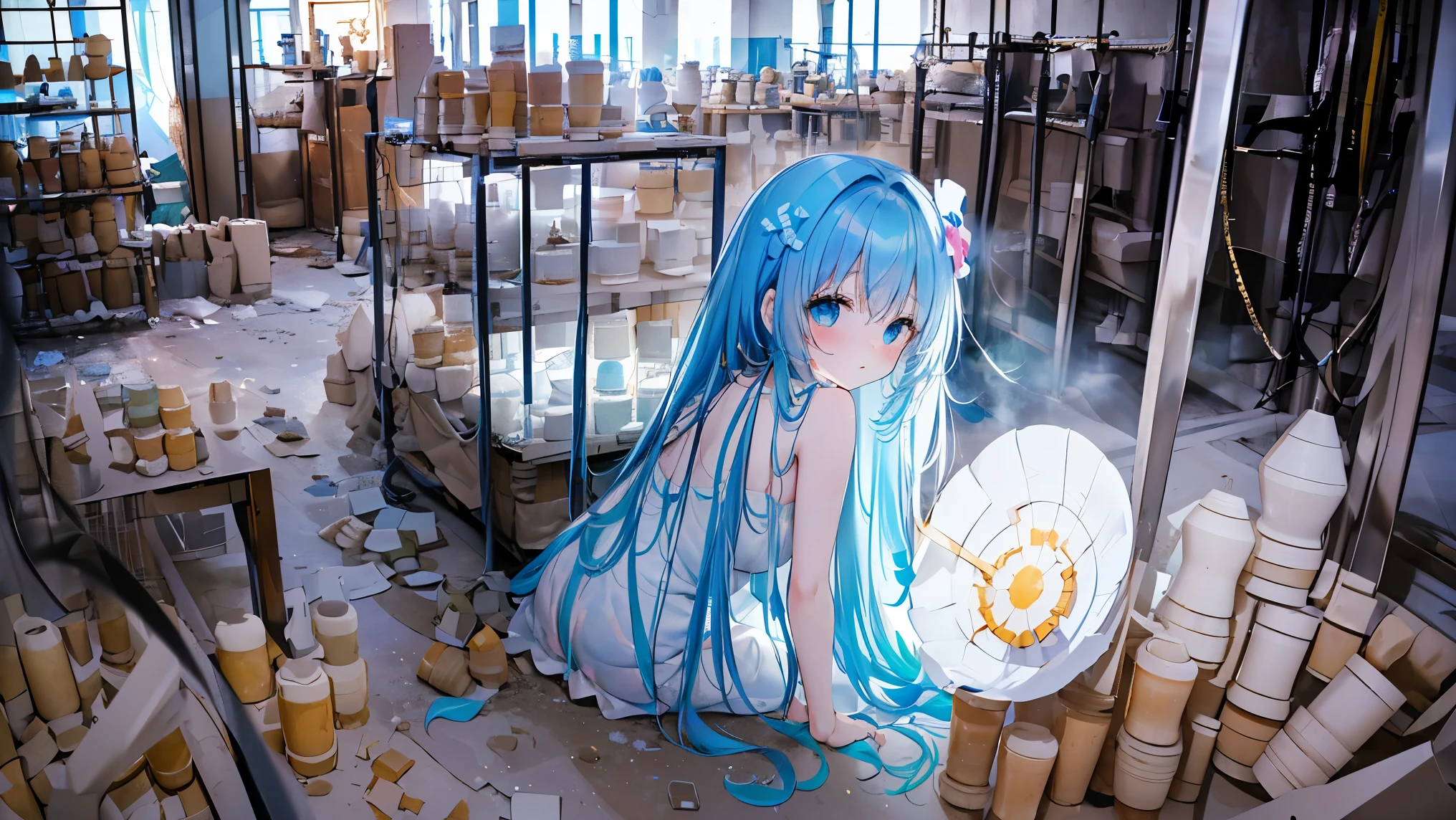 masterpiece, highest quality, Very detailed, (figure, Official Art:1.1), girl1 person ,(((( light blue Long Hair)))), Light blue hair, ,, Long Hair ((blush)) , cute face, Big eyes, masterpiece, highest quality,(((((とても繊細で美しいgirl))))),wonderful,Beautiful fine details,Blunt bangs((((小さな繊細なgirl)))),We say(Truly beautiful:1.2), Depth,Dynamic Angle,Affectionate smile, (Truly beautiful:1.2),,(小さな1 personのgirlモデル:1.2),(Flat Chest)),
Soft Focus , (Bright gradient watercolor :1.5, Lens flare:1.5 , Glitter :1.5),(masterpiece, highest quality, Very detailed CG, Very exquisite beautiful face and eyes,Very detailed, Intricate details:1.2), 8k wallpaper, Elaborate features,
(1 person, alone:1.4)perfect cartoon figure,(1 person, alone:1.4)
(Realistic texture:0.8), High resolution, cute, (Vibrant colors, Dynamic Lighting:1.0), (High Contrast:0.8),
girl (In my teens) A mysterious atmosphere overlooking the lowlands from the top of a cliff, Very cute face, Long, shiny blue hair, Clear sky blue eyes, Beautiful Skin, Thin arms and legs (Both are barefoot), She was wearing only a white dress that reached her calves., Surrounded by blue phosphorescence. Blue phosphorescence surrounds her, The ruins lie before her, The location is a fantastic and vast ruined city., Time is night、The area is dark, but、The stars and the big moon are shining brightly in the sky, Back view, so that her whole body is included in the figure.