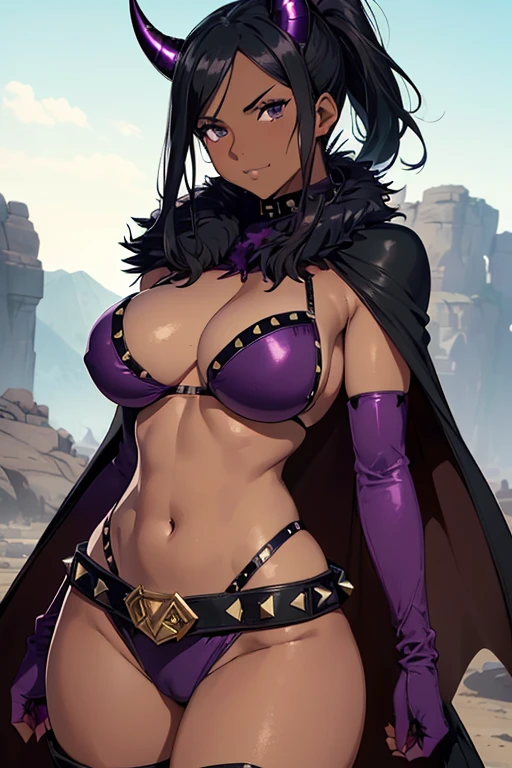 (masterpiece), best quality, expressive eyes, perfect face, Nico Robin at rocky desert, (rocky desert at night background), (standing), (smirk), (closeup view), (1girl, Nico Robin face, dark skin, tanned skin, tan, black hair, ponytail hairstyle, no bangs, brown eyes, hourglass figure, skinny body, large breasts, huge breasts, oppai, wide hips, thick thighs, ((dark purple bikini), BREAK, (black studded hip belt), (knee pad boots), (black devil horns), (dark purple gloves), (furry cape), (sholder pads)), 