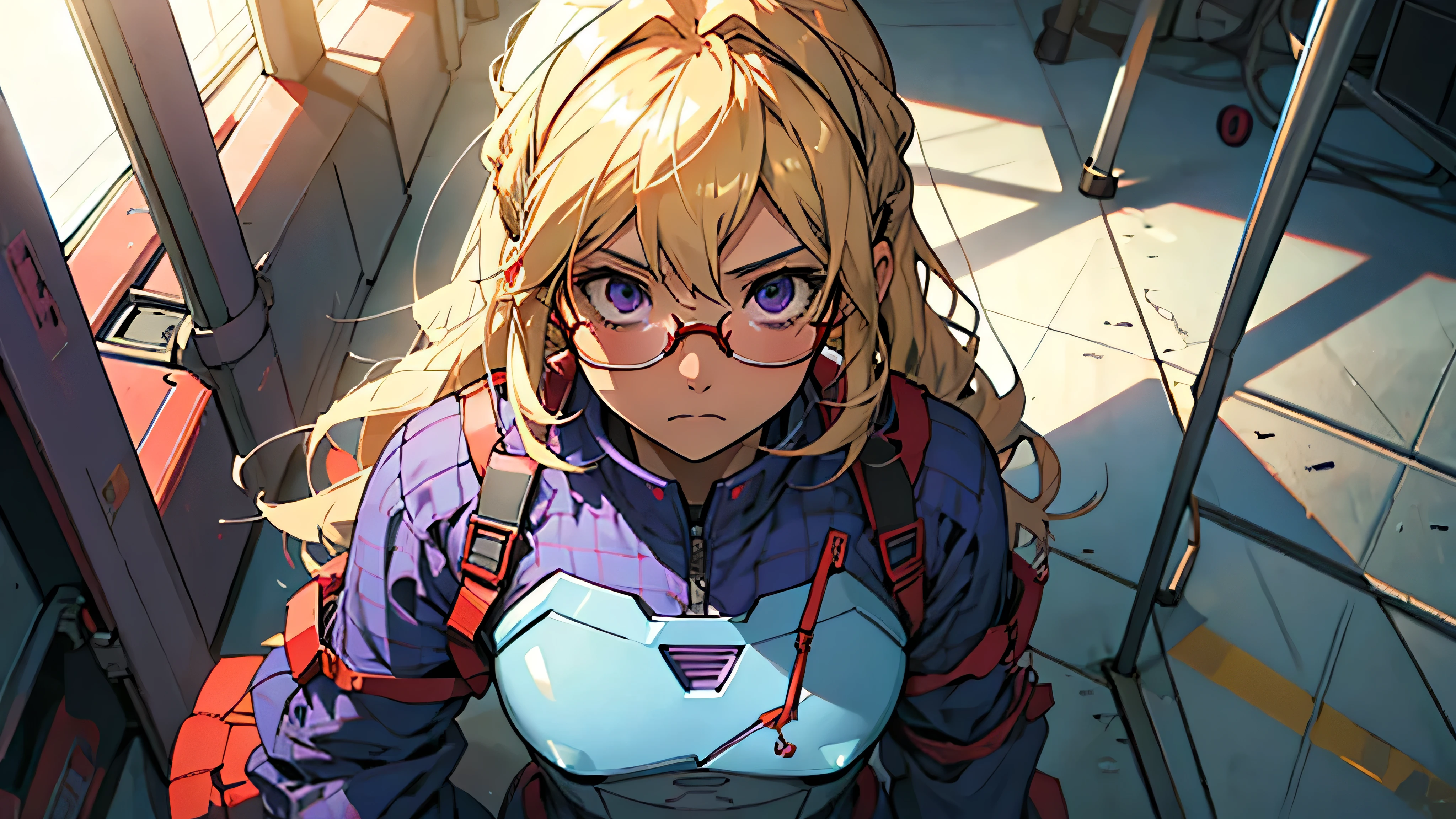 anime,An illustration,purple robot,Mobile Suit,Dom,Light blue check dress,Red glasses,Blonde,Light blue mesh hair,beautiful girl,Sora Sakurano,one person