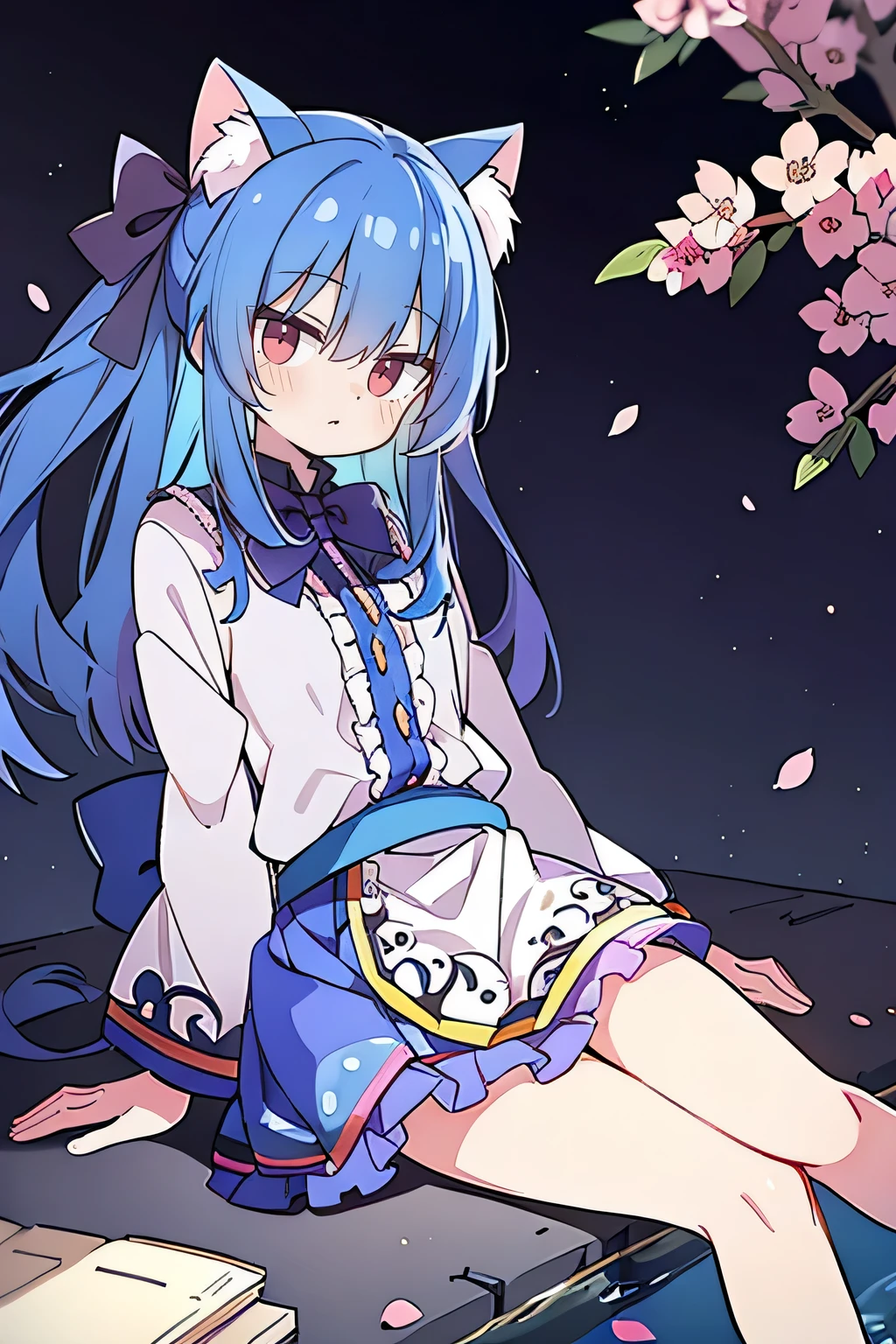 (masterpiece:1.2),ultra-detailed,realistic,expressive eyes,fair-skinned,perfectly shaped face,1girl,
Japanese cartoons,Gorgeous blue hair, flowing blue hair,floating clothes,cat ears,petals falling,beautiful Lola,Hina Angel,
hands on waist,gracefully sitting on the ground,legs crossed,gentle and serene background,cool and comfortable pavilion,night ,smile.