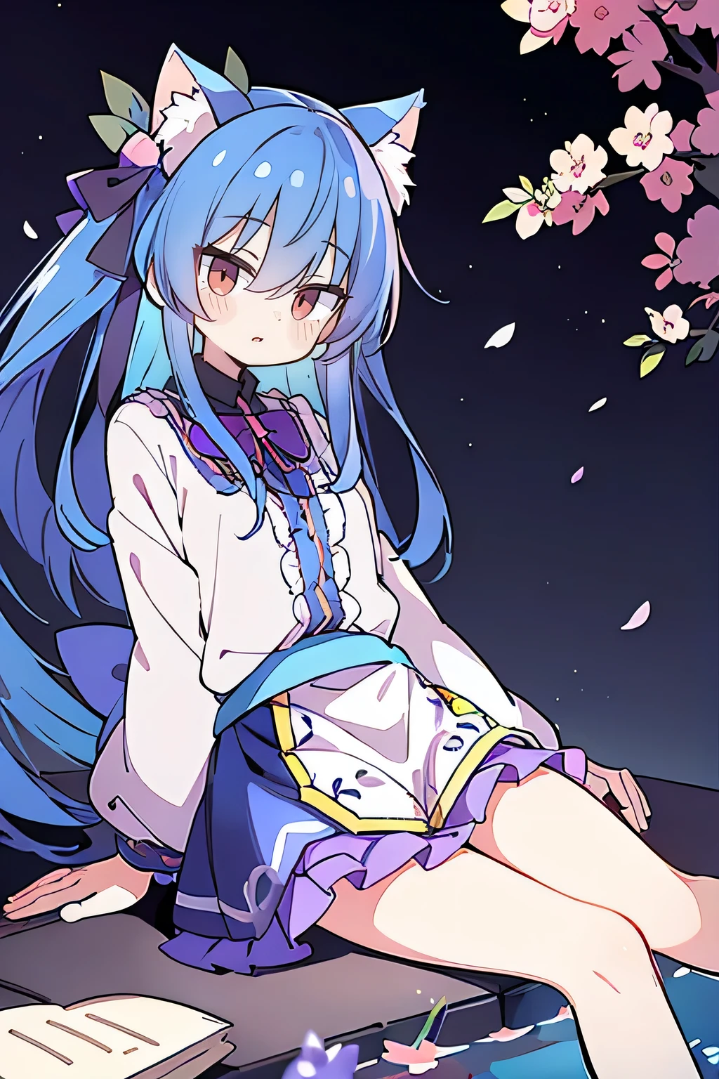 (masterpiece:1.2),ultra-detailed,realistic,expressive eyes,fair-skinned,perfectly shaped face,1girl,
Japanese cartoons,Gorgeous blue hair, flowing blue hair,floating clothes,cat ears,petals falling,beautiful Lola,Hina Angel,
hands on waist,gracefully sitting on the ground,legs crossed,gentle and serene background,cool and comfortable pavilion,night ,smile.