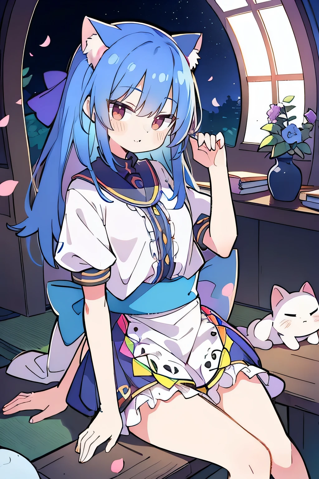 (masterpiece:1.2),ultra-detailed,realistic,expressive eyes,fair-skinned,perfectly shaped face,1girl,
Japanese cartoons,Gorgeous blue hair, flowing blue hair,floating clothes,cat ears,petals falling,beautiful Lola,Hina Angel,
hands on waist,gracefully sitting on the ground,legs crossed,gentle and serene background,cool and comfortable pavilion,night ,smile.