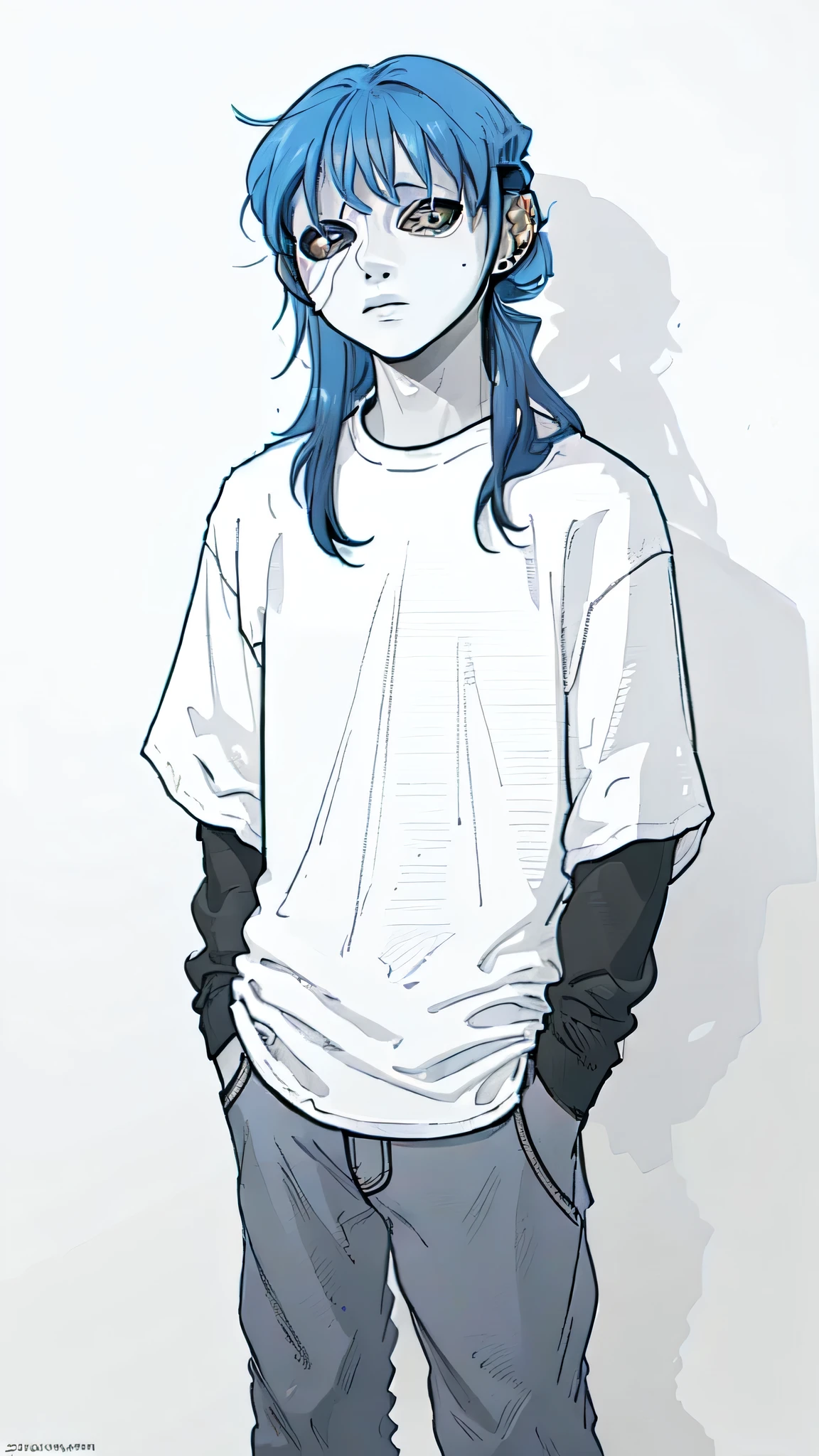sally, 1boy, long hair, shirt, long sleeves, monochrome, short sleeves, pants, shadow, hands in pockets, layered sleeves, print shirt, short over long sleeves, simple background, looking at viewer, cowboy shot, grey background, 