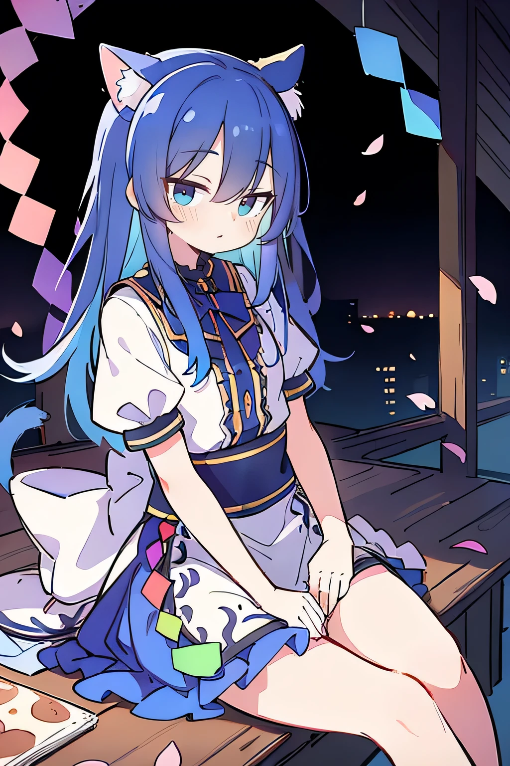 (masterpiece:1.2),ultra-detailed,realistic,expressive eyes,fair-skinned,perfectly shaped face,1girl,
Japanese cartoons,Gorgeous blue hair, flowing blue hair,floating clothes,cat ears,petals falling,beautiful Lola,Hina Angel,
hands on waist,gracefully sitting on the ground,legs crossed,gentle and serene background,cool and comfortable pavilion,night ,smile.