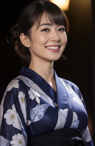 Masseter Film, highest quality, masterpiece, High resolution, realism, Original photo, 8k wallpaper, perfection, Professional Lighting, Very detailed, Written boundary depth, ((Beautiful woman in a sexy yukata)), ((Sexy 42 year old woman)),, ((smile)), Detailed face, Beautiful Eyes,, bangs, She has big breasts and a nice figure, (sexy look), Hair Bun, (Thick lips), Long legs,I can see your big breasts,View from the front,Night Festival,