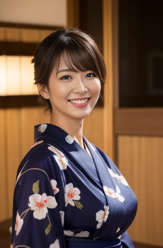 Masseter Film, highest quality, masterpiece, High resolution, realism, Original photo, 8k wallpaper, perfection, Professional Lighting, Very detailed, Written boundary depth, ((Beautiful woman in a sexy yukata)), ((Sexy 42 year old woman)),, ((smile)), Detailed face, Beautiful Eyes,, bangs, She has big breasts and a nice figure, (sexy look), Hair Bun, (Thick lips), Long legs,I can see your big breasts,View from the front,Night Festival,