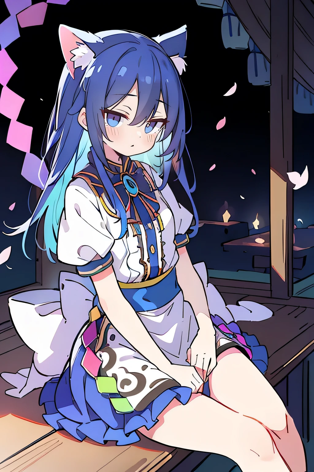 (masterpiece:1.2),ultra-detailed,realistic,expressive eyes,fair-skinned,perfectly shaped face,1girl,
Japanese cartoons,Gorgeous blue hair, flowing blue hair,floating clothes,cat ears,petals falling,beautiful Lola,Hina Angel,
hands on waist,gracefully sitting on the ground,legs crossed,gentle and serene background,cool and comfortable pavilion,night ,smile.