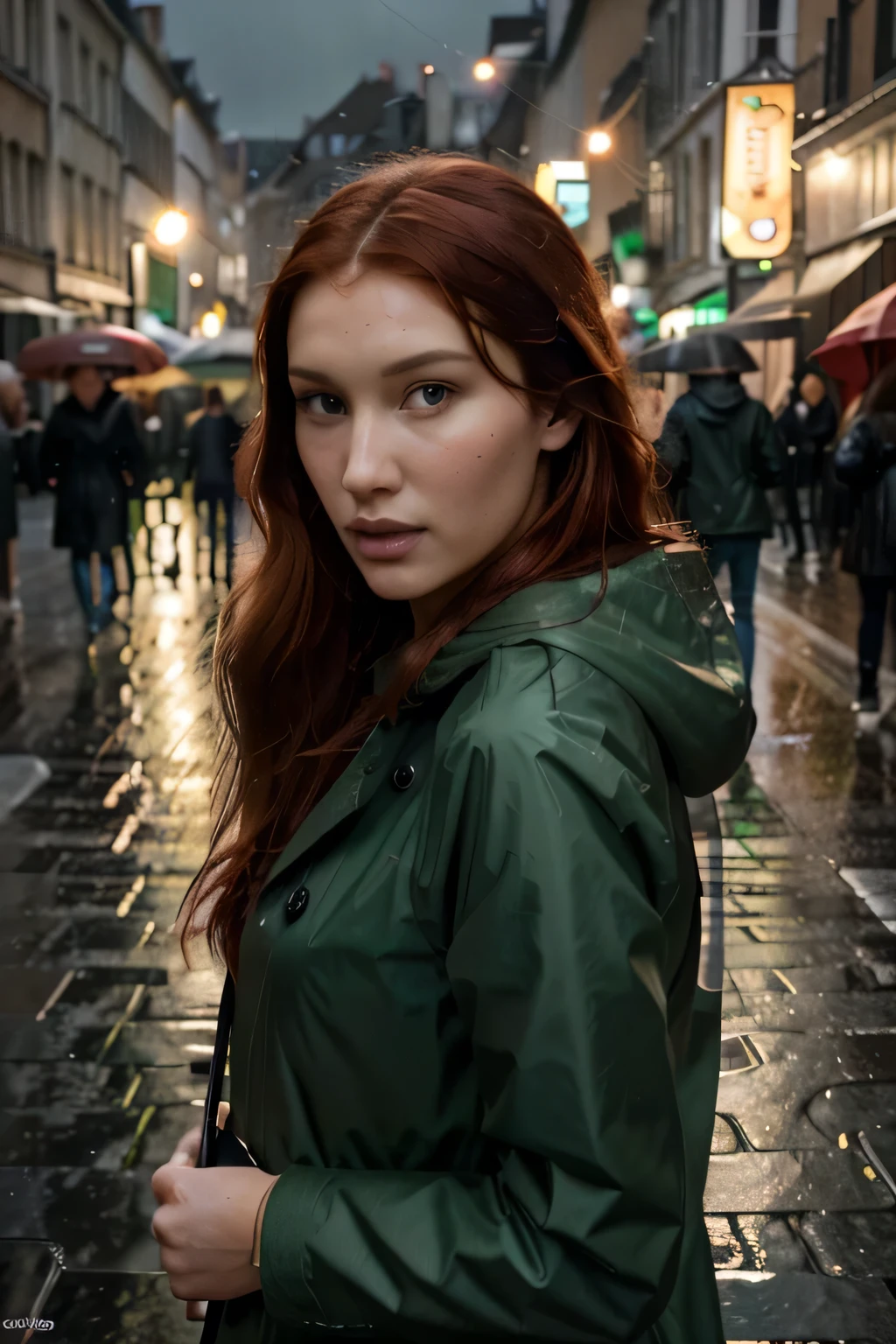 (bella hadid:1.1),beautiful detailed face,long red hair,long red-haired girl with green eyes,realistic photo,highres,ultra-detailed,photorealistic,vivid colors,bokeh,concept artists, rainy weather, fashionable rain clothing, red umbrella, rue de bretagne, selfie,dark green waterproof coat
