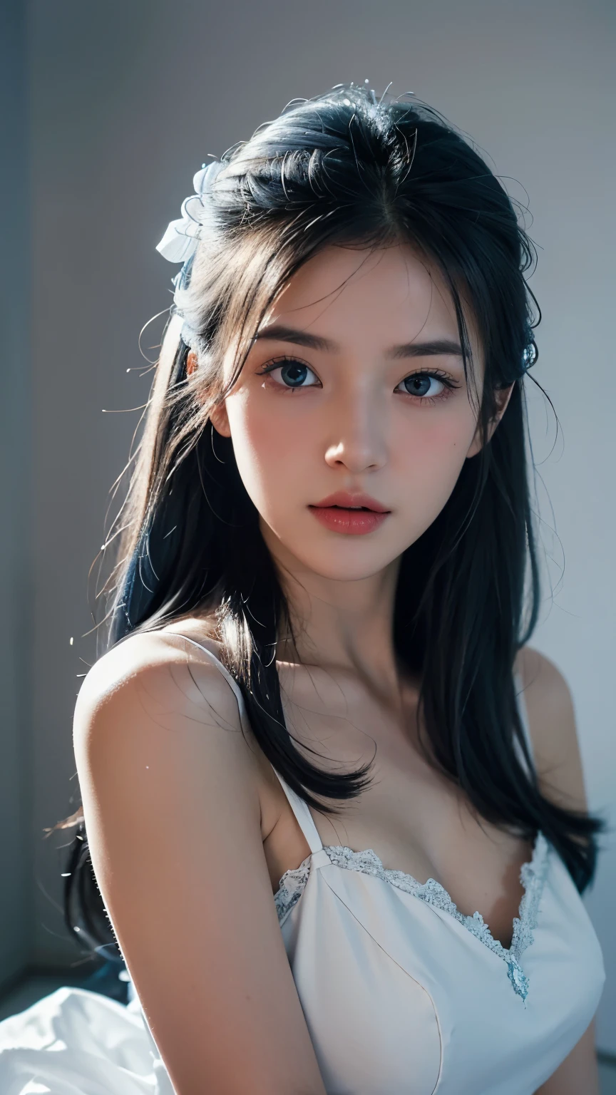 best qualtiy,tmasterpiece,Ultra-high resolution,(Reality:1.4),RAW photogr,1girll,Under the light,deep shading,low tune,cold light,Blue bow hair ornament,white wedding gown,Smooth hair,High volume,The skin is white and flawless