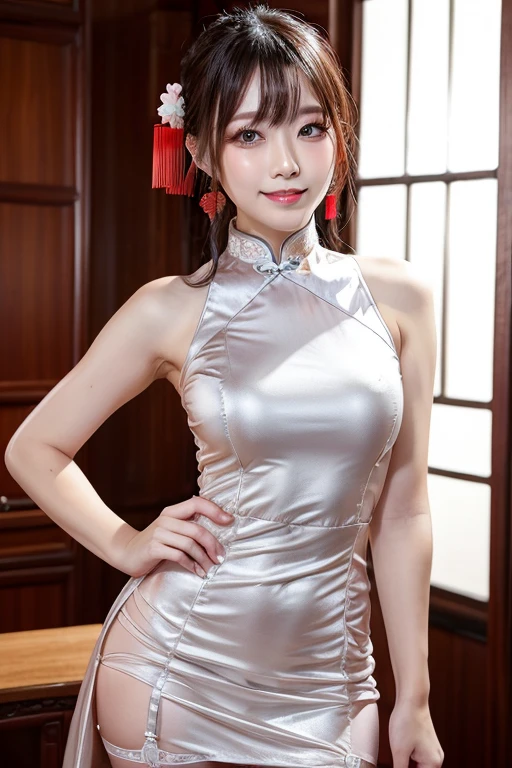 (masterpiece,highest quality,超A high resolution),Japanese women, (((Very beautiful 25 year old girl))), pretty girl、Look at the photographer､  (()), Very cute face, Glossy Lips, Double eyelids on both eyes,Natural smile、 Natural Makeup, Long eyelashes, Shiny and smooth hair､Center image,  Perfect limbs, Perfect Anatomy,(((Shiny Chinese Dress)))、((garter belt)),Wet with sweat,