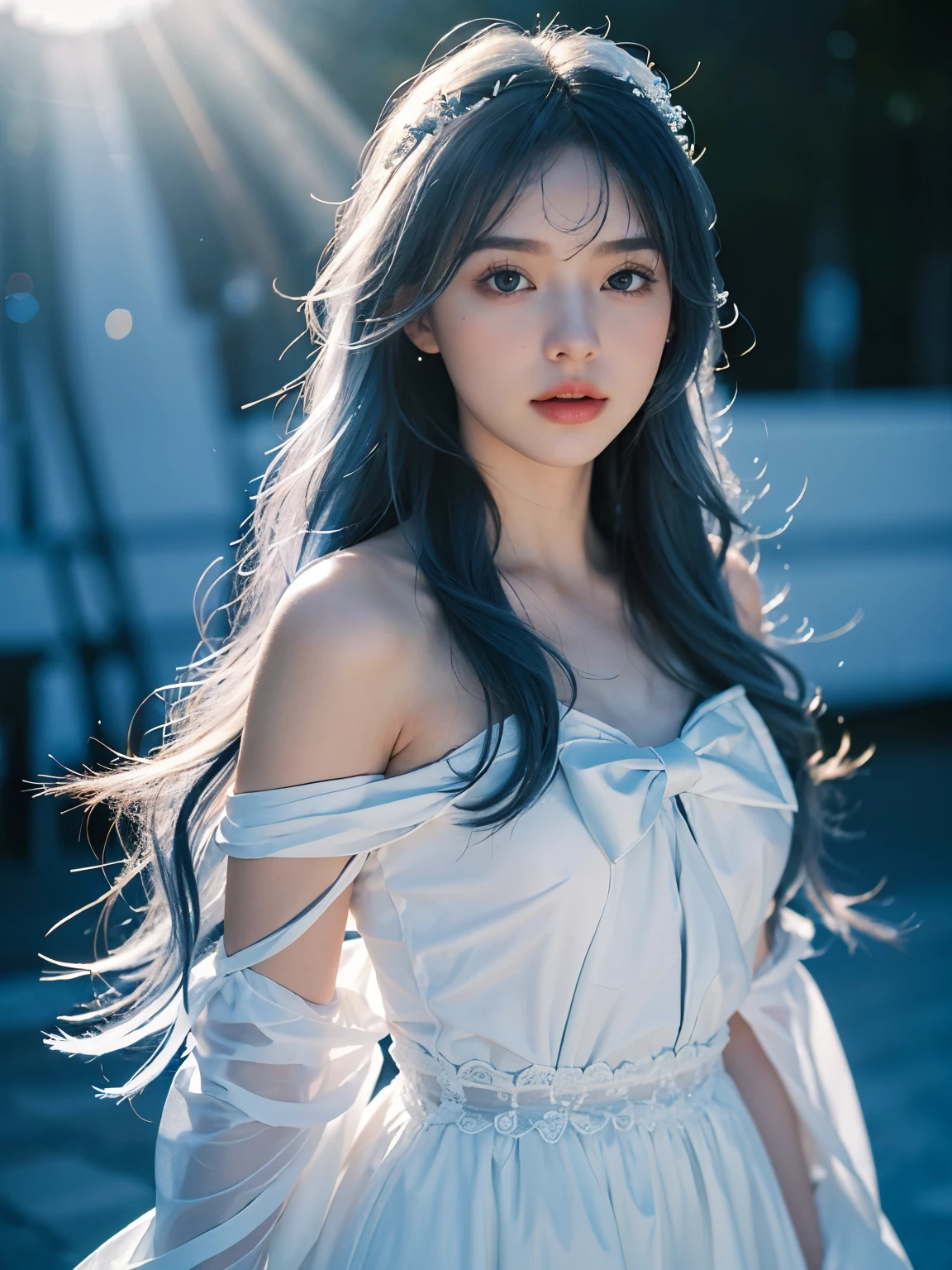 best qualtiy,tmasterpiece,Ultra-high resolution,(Reality:1.4),RAW photogr,1girll,Under the light,deep shading,low tune,cold light,Blue bow hair ornament,white wedding gown,Smooth hair,High volume,The skin is white and flawless