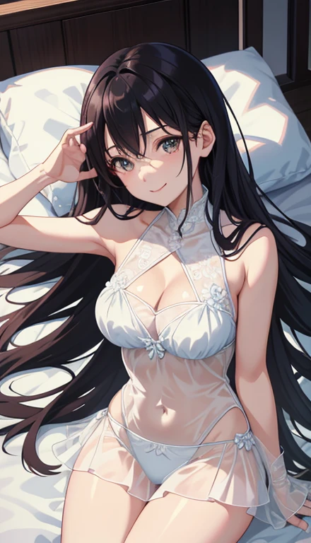 ,seductive Anime Girls, beautiful alluring Anime Women, Beautiful and attractive anime teen, beautiful Anime Women, attractive Anime Girls, beautiful Anime Girls, Smooth anime CG art, (Anime Girls), Long Hair, Anime Girls, Anime Women, Highly detailed art gems、After bath、Lying on your back、Lying down、Elevate your legs、White lace sleeveless、See-through white shorts、Perfect clothing for the skin、Thighs、Large Breasts、Ample breasts、Deep cleavage、just out of the bath、Embarrassed、smile、bed、Black Hair、はだけたThighs、Spread your legs