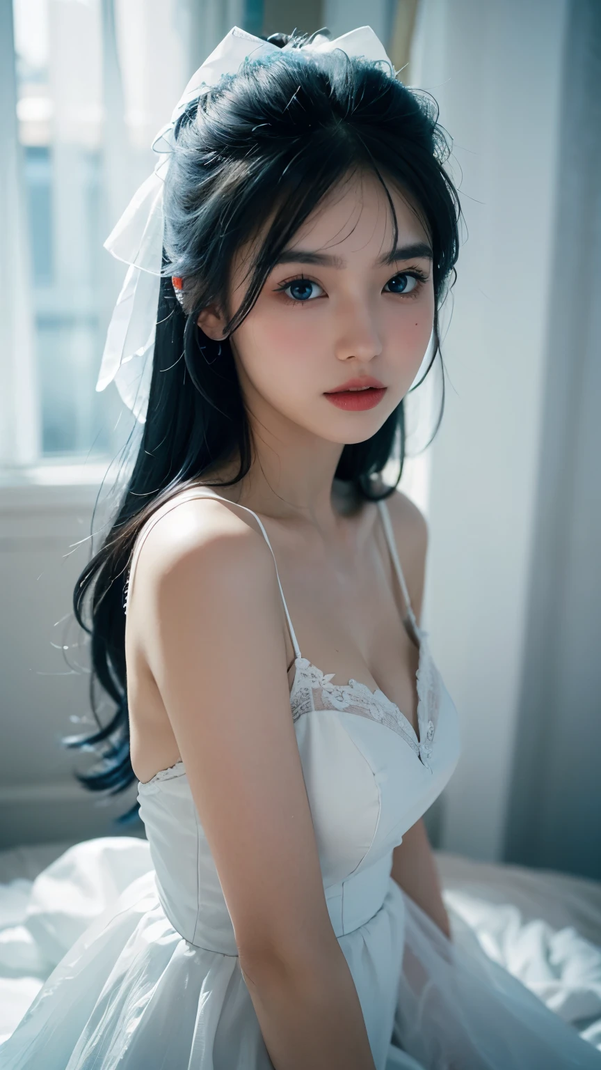 best qualtiy,tmasterpiece,Ultra-high resolution,(Reality:1.4),RAW photogr,1girll,Under the light,deep shading,low tune,cold light,Blue bow hair ornament,white wedding gown,Smooth hair,High volume,The skin is white and flawless