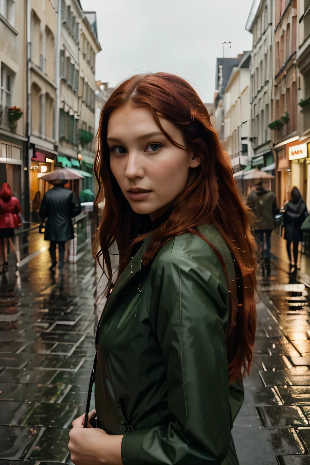 (bella hadid:1.1),beautiful detailed face,long red hair,long red-haired girl with green eyes,realistic photo,highres,ultra-detailed,photorealistic,vivid colors,bokeh,concept artists, rainy weather, fashionable rain clothing, red umbrella, rue de bretagne, selfie,dark green waterproof coat