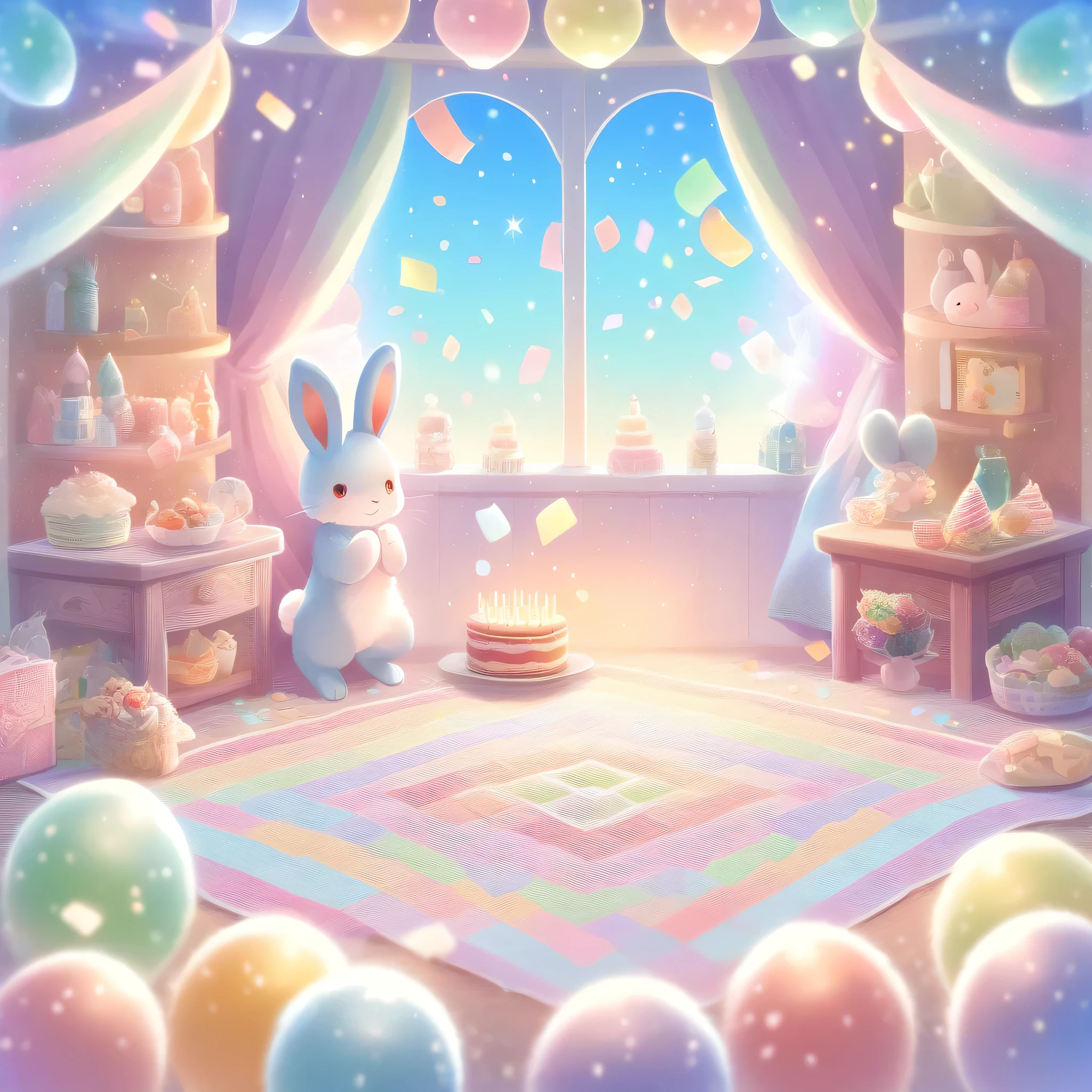 cuteAn illustration,Rabbit Kindergarten,Rabbit&#39;s Parent and Child:animal:cute:Get closer:Comfortable and warm:looks happy,An illustration,pop,colorful,color,,Lamp light,Rabbit&#39;s Parent and Child:Dreaming happy dreams,The room is warm and full of happiness.,,colorful,Fancy,Fantasy,patchwork:quilt,Detailed explanation,fluffy,Randolph Caldecott Style,rabbit,Very cuteRabbit,fluffyrabbit,birthday,Birthday Cake,Sparkling,Magic Effects,Magic Light,Magical Effects,Dream world,Wall decoration,celebration,Confetti,party