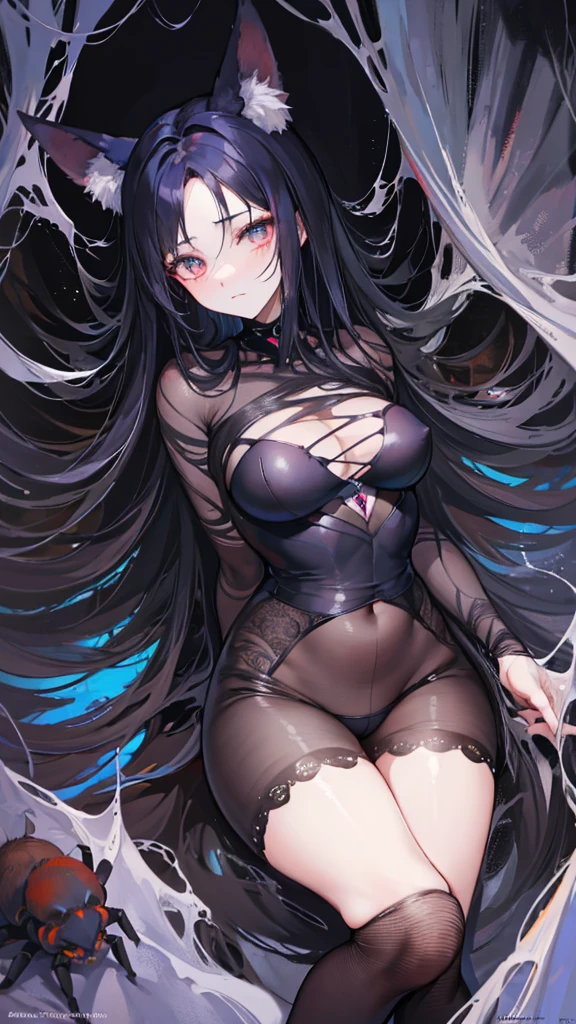Fox ears,From the ceiling, Dim Lights, Dark atmosphere, Oil painting style, Vibrant colors, Passionate. (best quality, high resolution, Super detailed, actual:1.2), net, Trapped, Exquisite facial features, Black long hair,fear in her eyes. Spider silk covers the entire body,(gag:1.4),