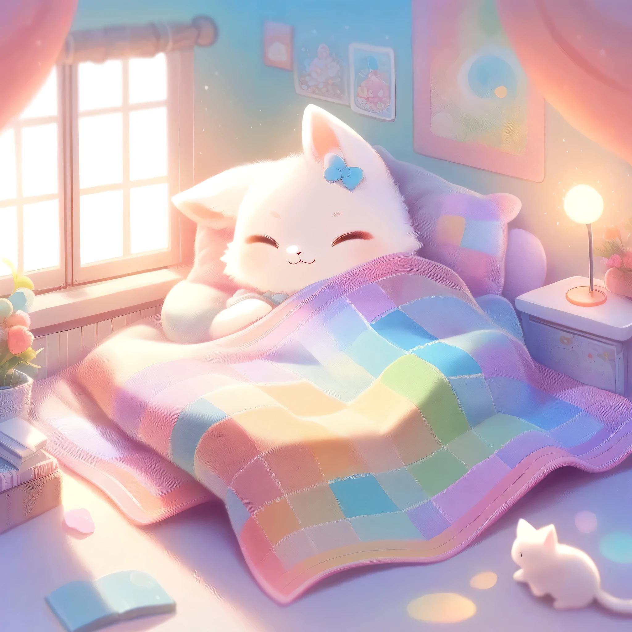 cuteAn illustration,Cat Kindergarten,Cat parent and child:animal:cute:Get close:sleep:Comfortable and warm:looks happy,An illustration,pop,colorful,color,dim,Lamp light,Cat parent and が眠っています:Dreaming happy dreams,The room is warm and full of happiness.,,colorful,Fancy,Fantasy,patchwork:quilt,Detailed explanation,fluffy,Randolph Caldecott Style,Cat,Very cute Cat,fluffyCat,Wide range of colors,Cast colorful spells