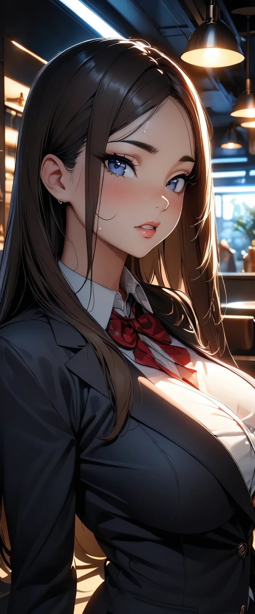 (high quality, 8k, 4K, High Contrast, masterpiece:1.2, 最high quality, Best aesthetics), 1 Female, (In perspective) Gorgeous and sexy brunette woman, The perfect 18 year old, Long Straight Hair, Greasy, silky white skin (Moist) Thick lips, Wearing a blazer over her large breasts, (Chest highlights), sitting at a restaurant table drinking coffee (Intricately detailed environments), Sensual facial features: (Texture and environment、Professional photos、Perfect lighting).