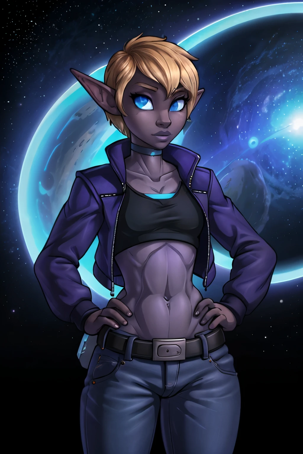 (Tomboy Drow), SFW, pretty face, human nose, space station background, thin body, slim, fit, dark blonde hair, tomboy pixie cut, solid blue eyes, adjatha, utility belt, cropped jacket, black tanktop, jean pants, SFW, dark elf, pale lavender skin, 