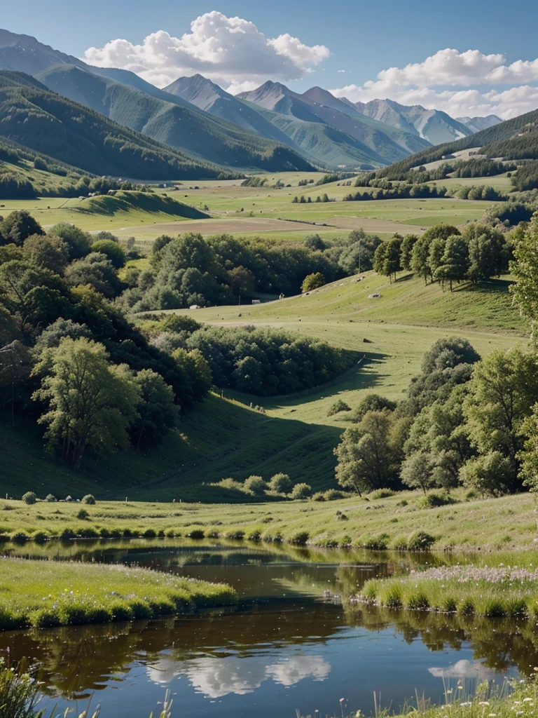 green high mountains,Pond in the middle of the meadow,11 horses