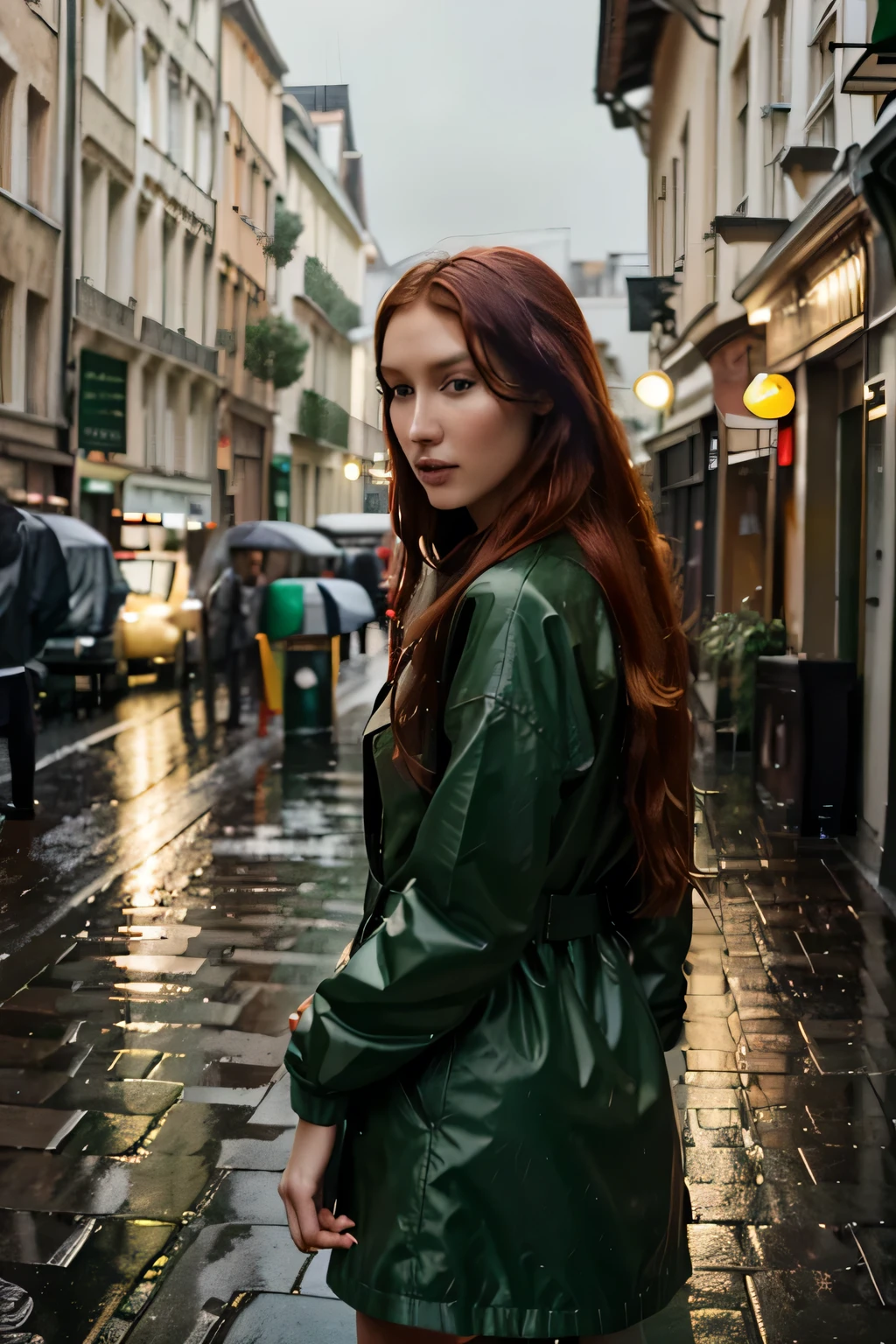 (bella hadid:1.1),beautiful detailed face,long red hair,long red-haired girl with green eyes,realistic photo,highres,ultra-detailed,photorealistic,vivid colors,bokeh,concept artists, rainy weather, fashionable rain clothing, red umbrella, rue de bretagne, selfie,dark green waterproof coat