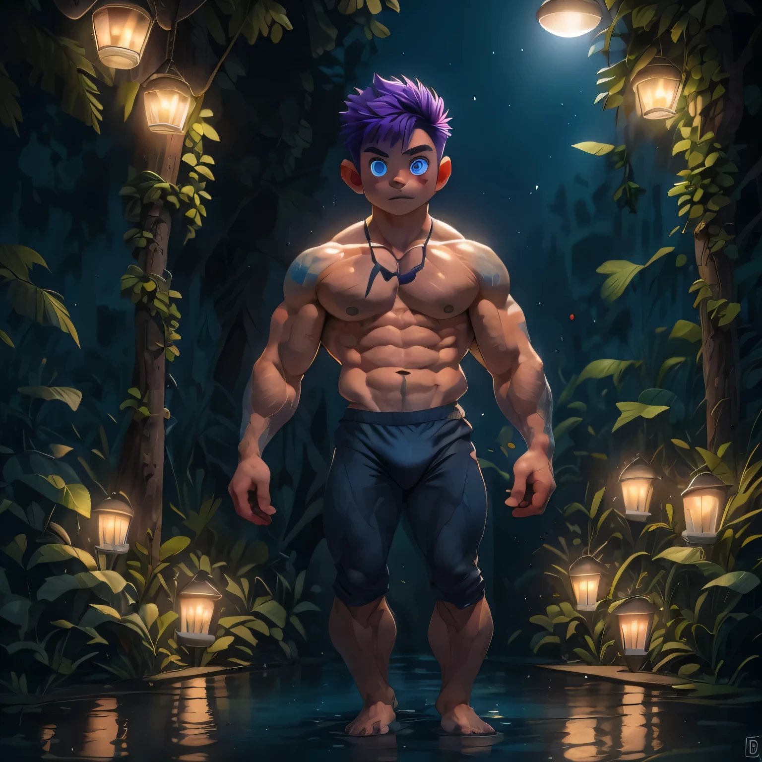 masterpiece,best quality,H),1 person,nudeboy,very shy,Face turned red,Shy,muscular,delicate eyes,nude,(nude),blue eyes,Shirtless,Upper body body,short blue-purple hair,(Fluorescent lamp),(a color),((abstract background))huge muscle,huge bulge, vampire lord, monster