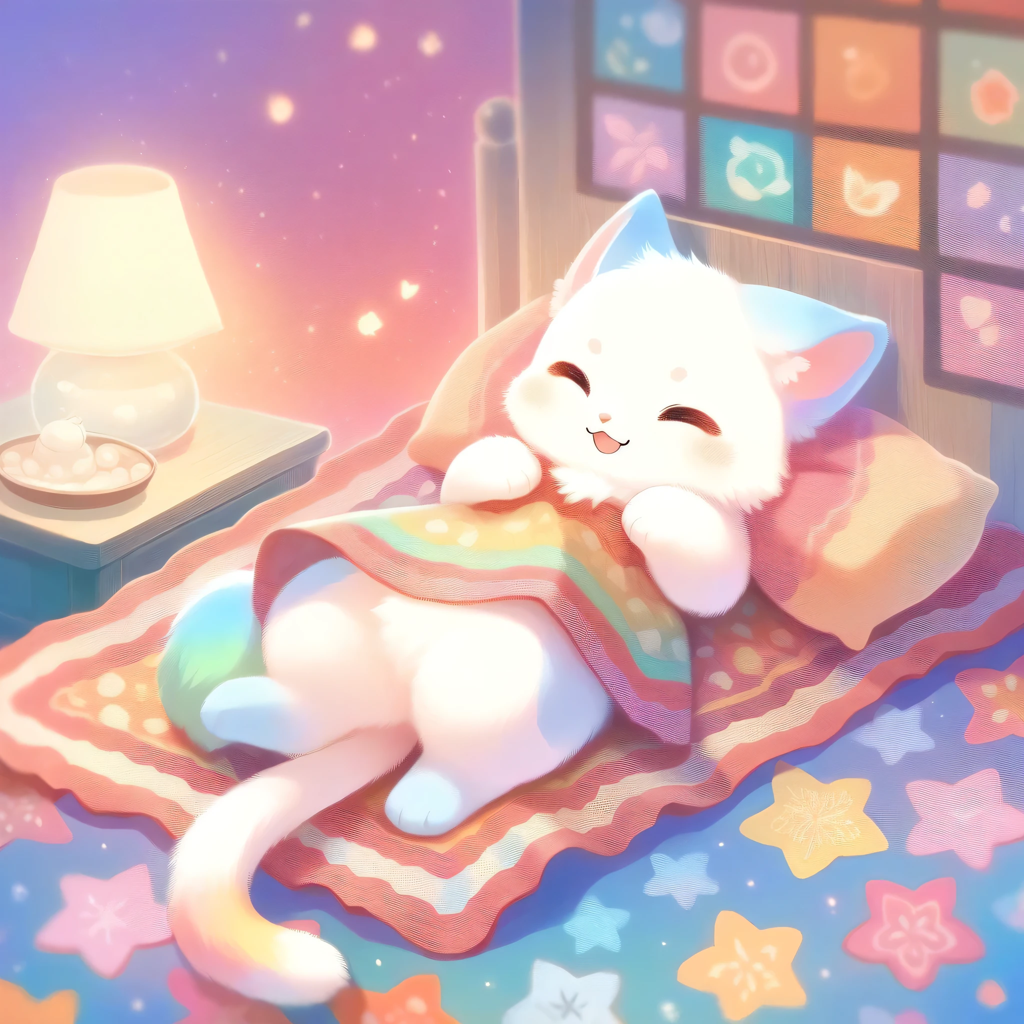 cuteAn illustration,Cat Kindergarten,Cat parent and child:animal:cute:Get close:sleep:Comfortable and warm:looks happy,An illustration,pop,colorful,color,dim,Lamp light,Cat parent and が眠っています:Dreaming happy dreams,The room is warm and full of happiness.,,colorful,Fancy,Fantasy,patchwork:quilt,Detailed explanation,fluffy,Randolph Caldecott Style,Cat,Very cute Cat,fluffyCat,Wide range of colors,Cast colorful spells