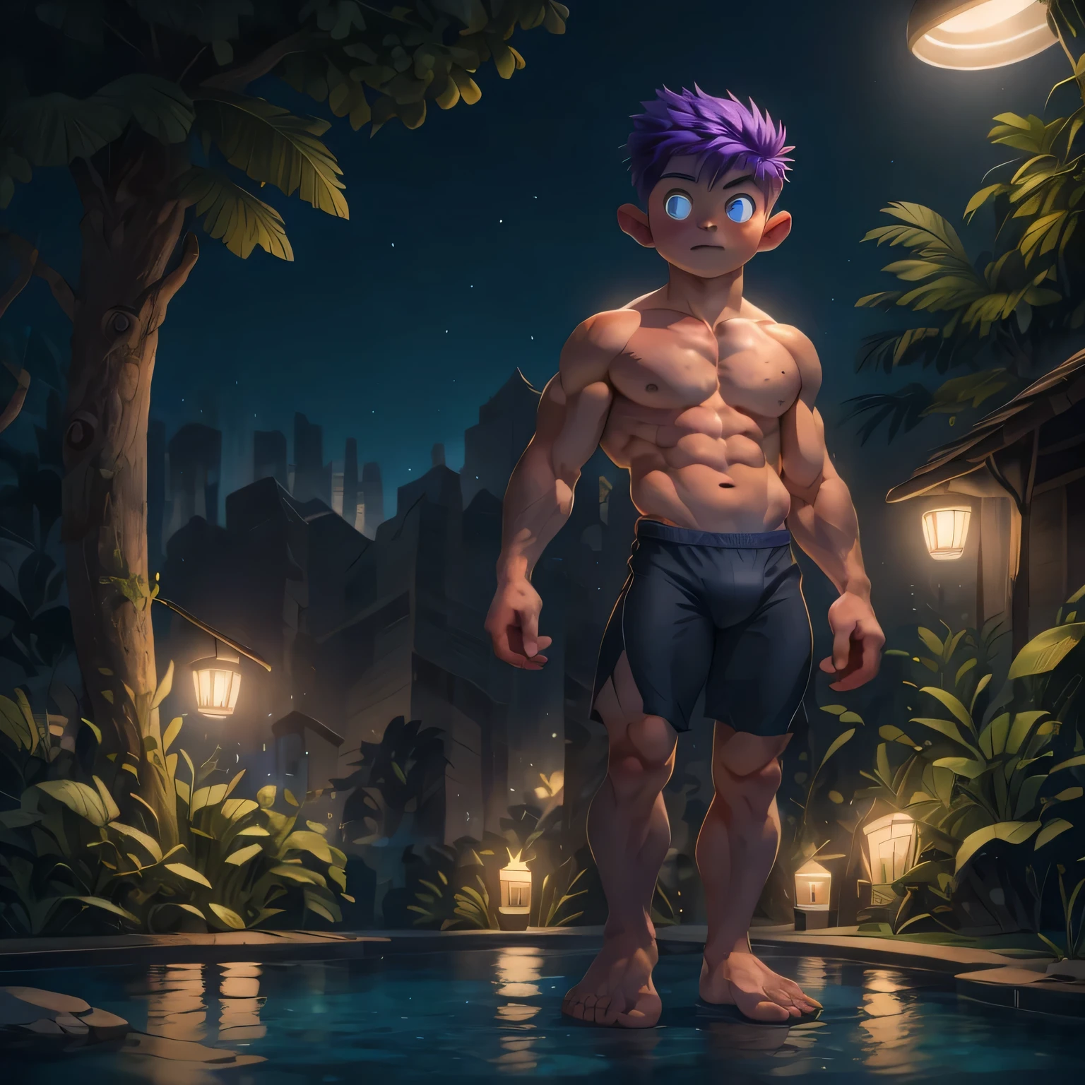 masterpiece，best quality，H），1 person，nudeboy，very shy，Face turned red，Shy，muscular，delicate eyes，nude，(nude)，blue eyes，Shirtless，Upper body body，short blue-purple hair，（Fluorescent lamp），（a color），（（abstract background））huge muscle,huge bulge, vampire lord, monster 