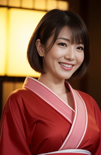 Masseter Film, highest quality, masterpiece, High resolution, realism, Original photo, 8k wallpaper, perfection, Professional Lighting, Very detailed, Written boundary depth, ((Beautiful woman in a sexy red yukata)), ((Sexy 42 year old woman)),, ((smile)), Detailed face, Beautiful Eyes,, bangs, She has big breasts and a nice figure, (sexy look),, (Thick lips), Long legs,I can see your big breasts,View from the front,Night Festival,