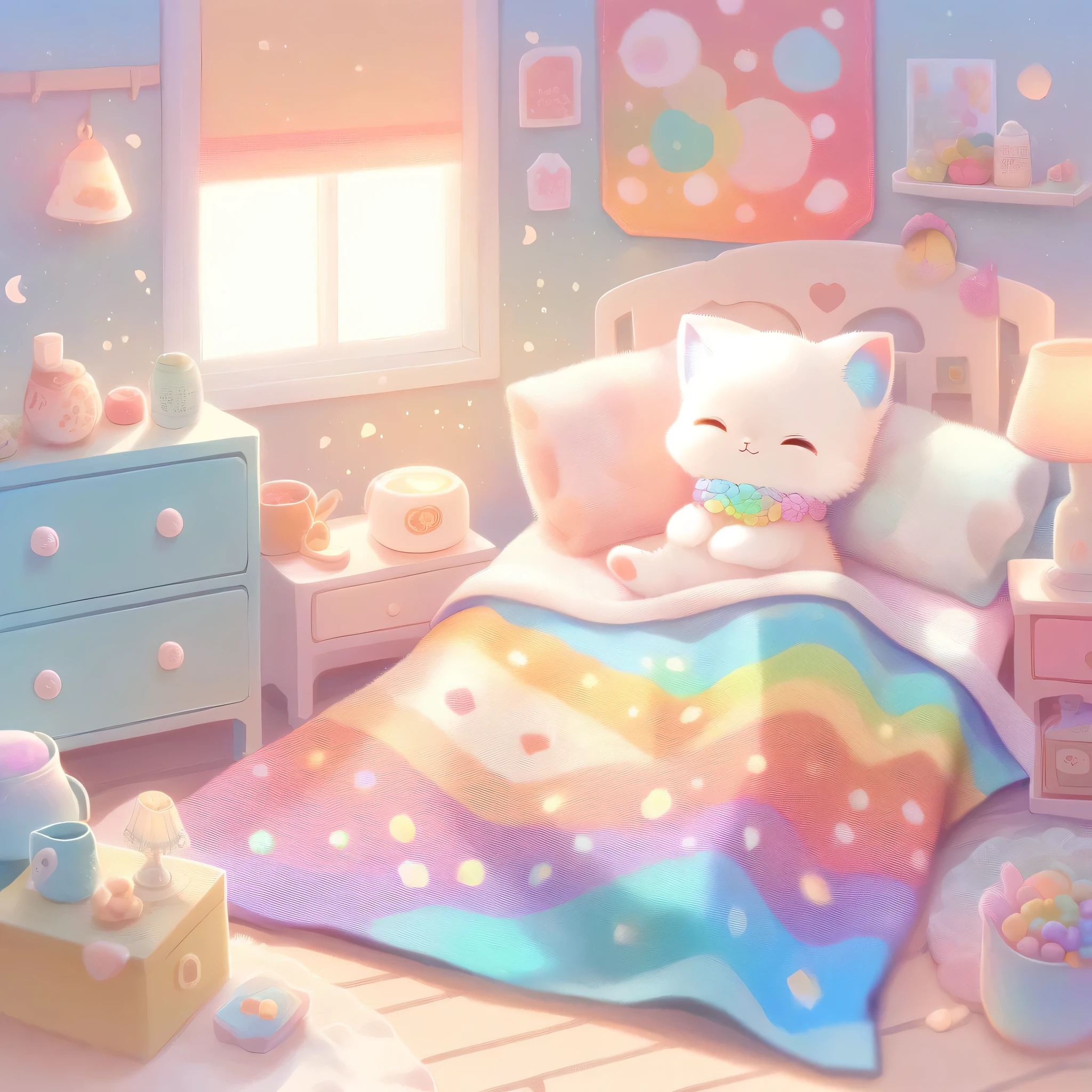 cuteAn illustration,Cat Kindergarten,Cat parent and child:animal:cute:Get close:sleep:Comfortable and warm:looks happy,An illustration,pop,colorful,color,dim,Lamp light,Cat parent and が眠っています:Dreaming happy dreams,The room is warm and full of happiness.,,colorful,Fancy,Fantasy,patchwork:quilt,Detailed explanation,fluffy,Randolph Caldecott Style,Cat,Very cute Cat,fluffyCat,Wide range of colors,Cast colorful spells