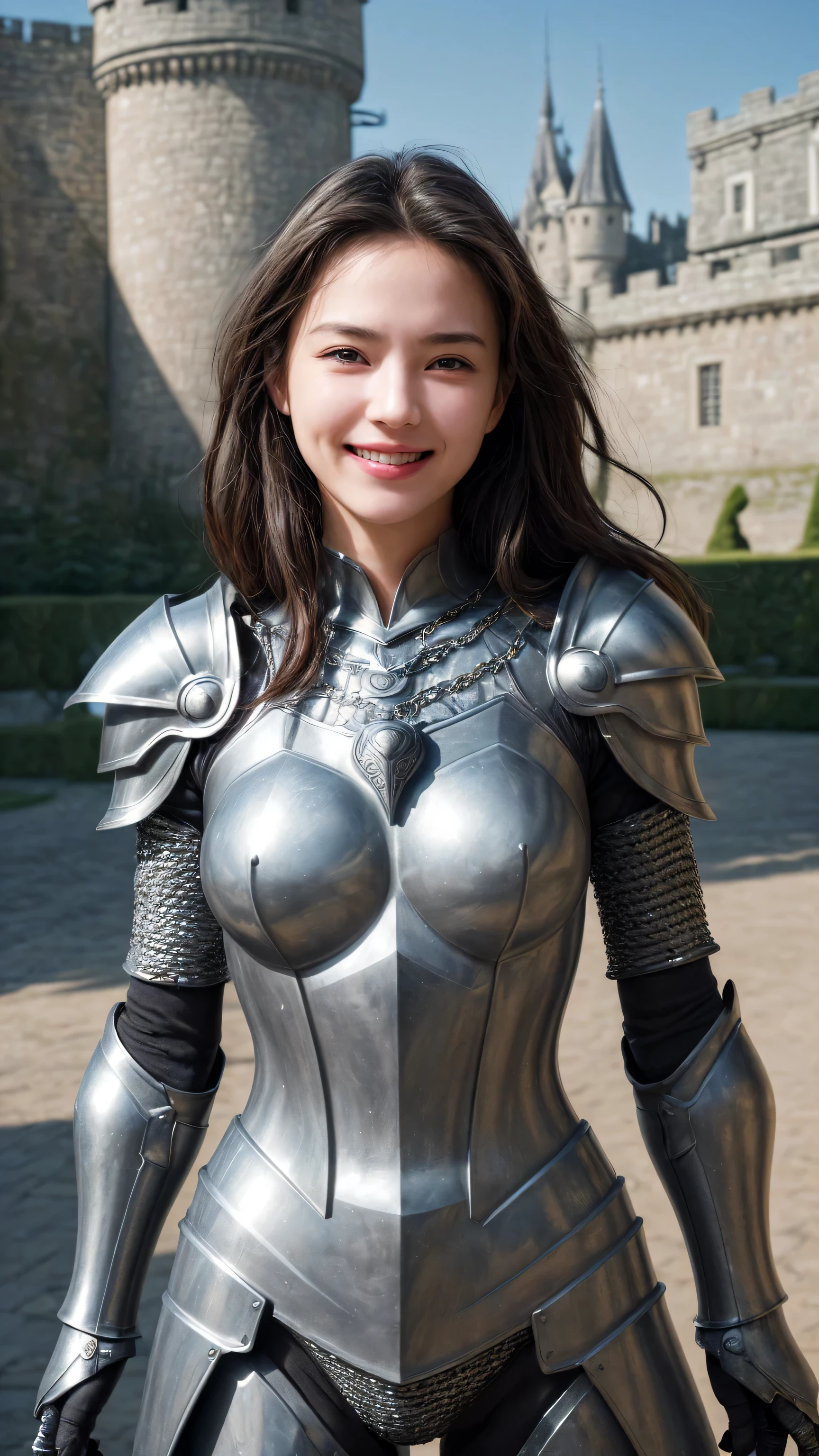 (((Medium shot))), couple, (A man and a woman), Two people, Outside the castle, Competition, Playful, Playful, Sweet, Happy, Smile, armor, Chain Mail, armor, Happy, beautiful eyes, Playful, Surrealism, View, , Movie Lighting, 8k, Ultra HD, masterpiece, precise, Anatomically correct, textured skin, High Detail, high quality, high resolution, The award-winning, best quality, 16K, Poor health, Bad Hand, Bad legs.