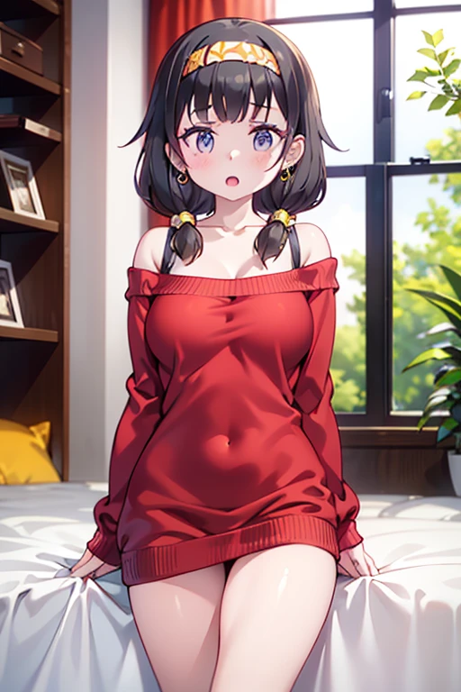masterpiece, yor, 1girl, Bust b Cup, Amazing Cleavage:1.2, thin waist, big ass, Raised sexy, medium breast: 1.2 posed cleavage:1.2、solo, looking at viewer, open mouth, black hair, red eyes, dress, bare shoulders, jewelry, collarbone, sidelocks, hairband, earrings, indoors, off shoulder, :o, sweater, arms behind back, plant, short hair with long locks, white hairband, off-shoulder dress, sweater dress, off-shoulder sweater, red sweater, big side hair, very long side hair,is rendered in (masterpiece: 1.2, best quality), with (ultra high resolution) and an exquisite (depth of field). This masterpiece is not only visually stunning but also tells